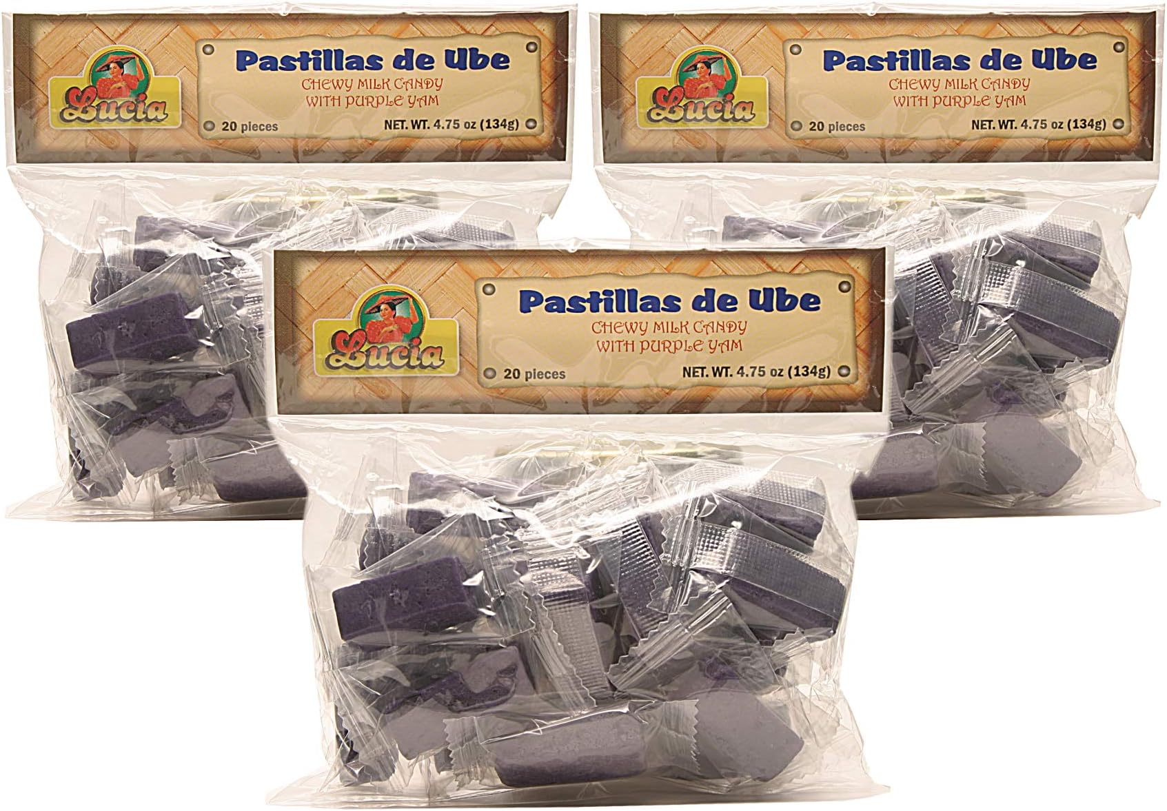 Lucia, Pastillas de Ube - Chewy Milk Candy with Purple Yam (Pack of 3), Imported from The Philippines, 4.75 oz (each)