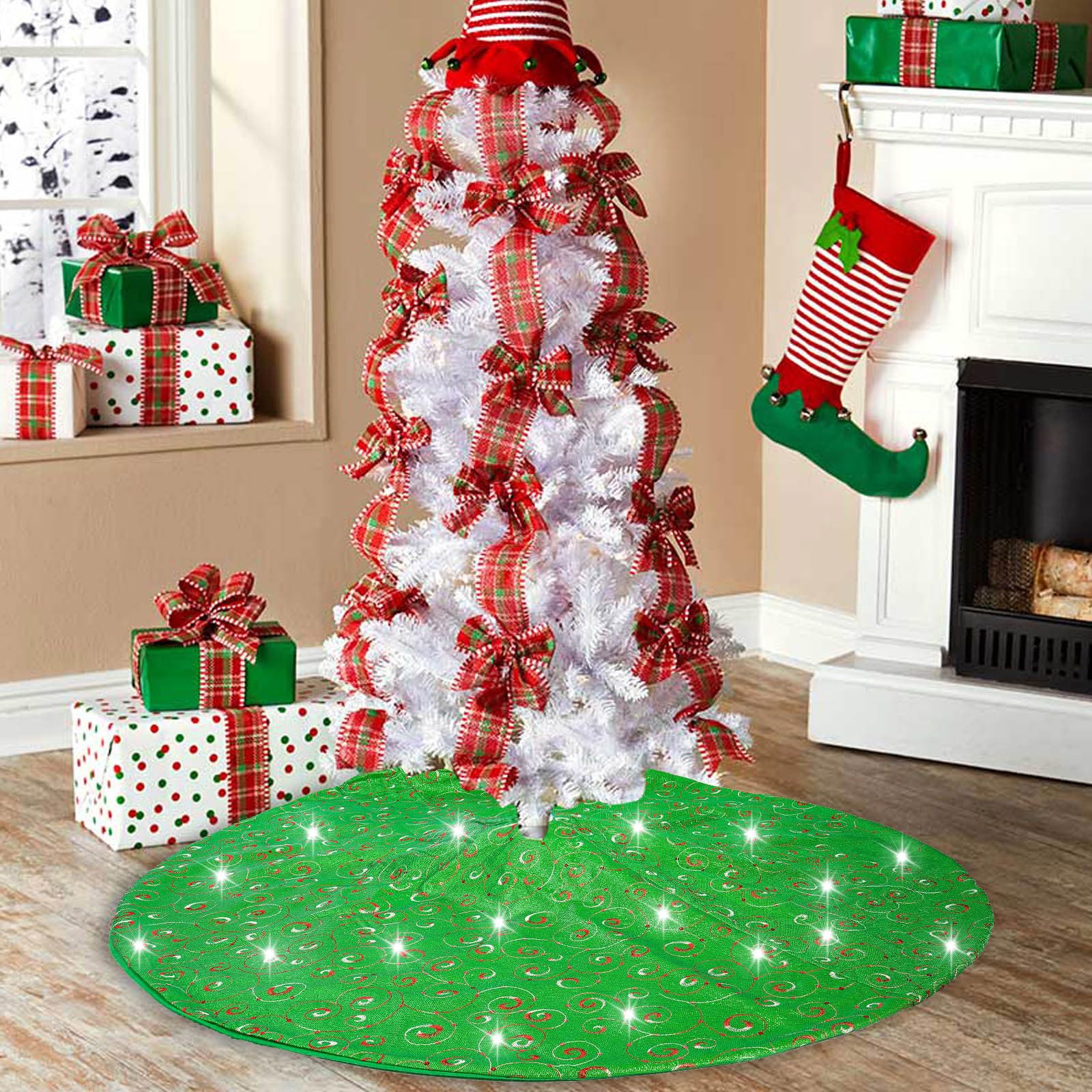 Tappeto per albero di Natale in morbida flanella, diametro 121,9 cm, con ganci di fissaggio, per festival e riunioni di famiglia, copertura base albero