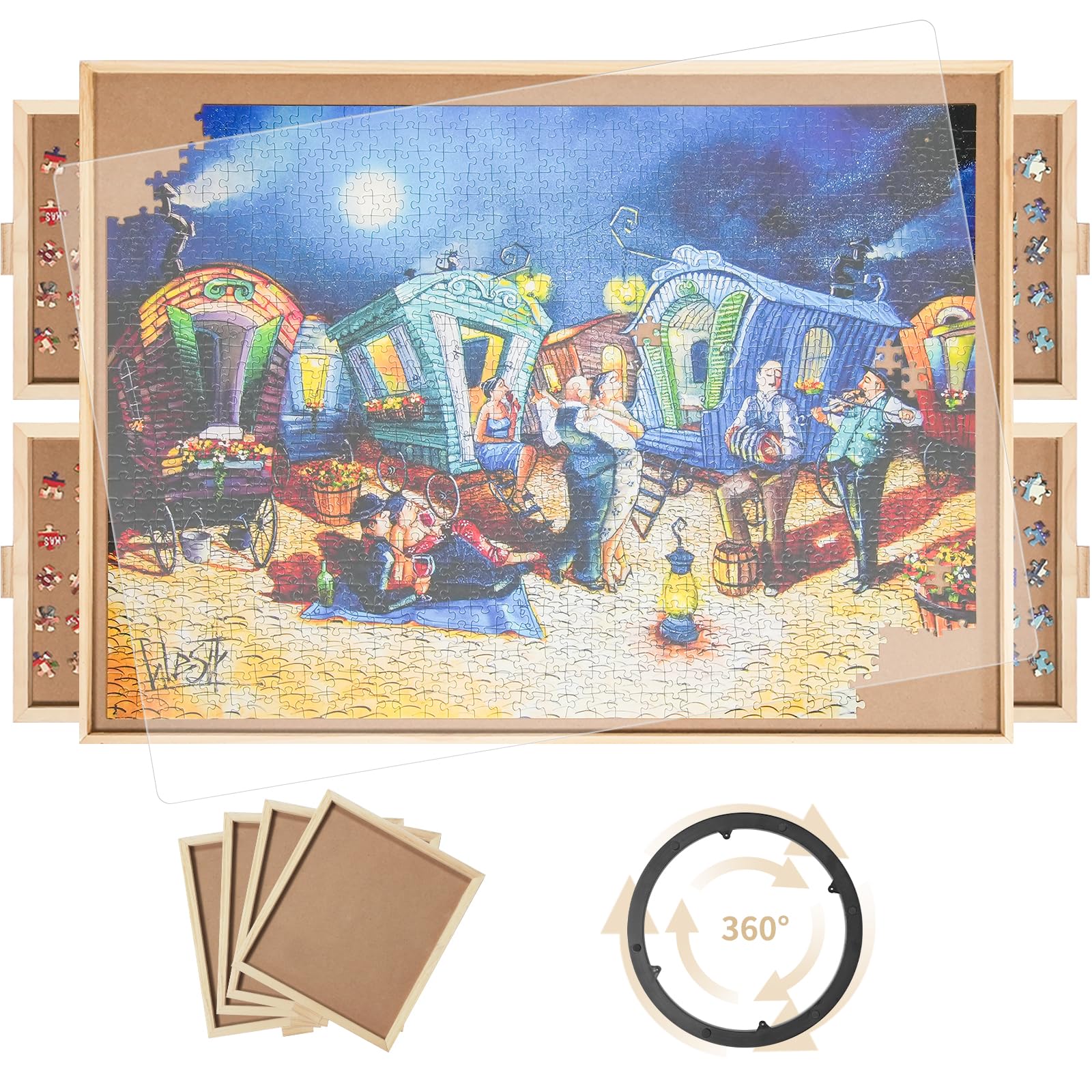 1500 Pieces Rotating Puzzle Board with 4 Drawers,34.25"x25.2" Portable Wooden Jigsaw Puzzle Table with Lazy Susan Spinning Cover for Adults