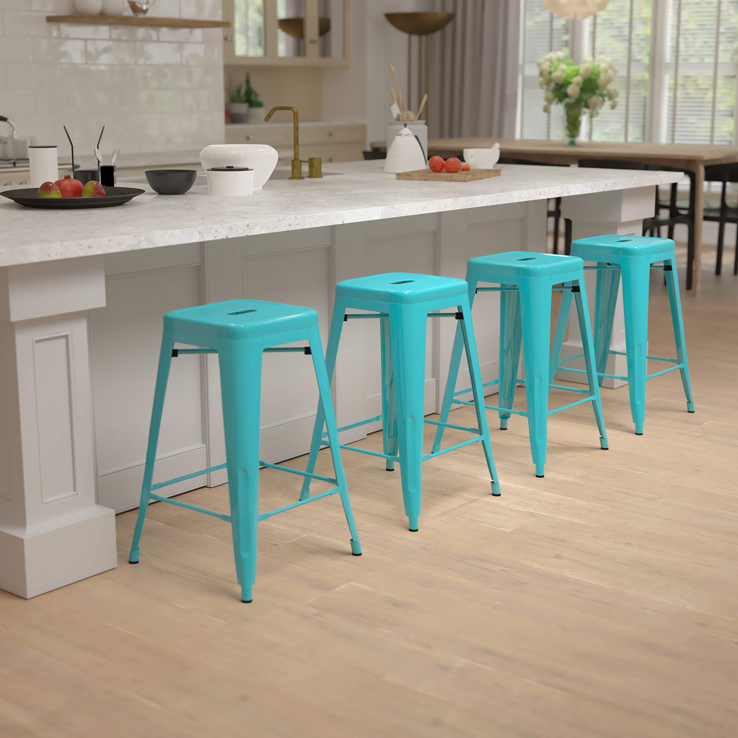 BizChair 4 Pack 24inche High Metal Indoor Counter Bar Stool Stackable Stool, Teal, BIZ ET44 3488 TEA 04, 16incheW x 16incheD x 24incheH