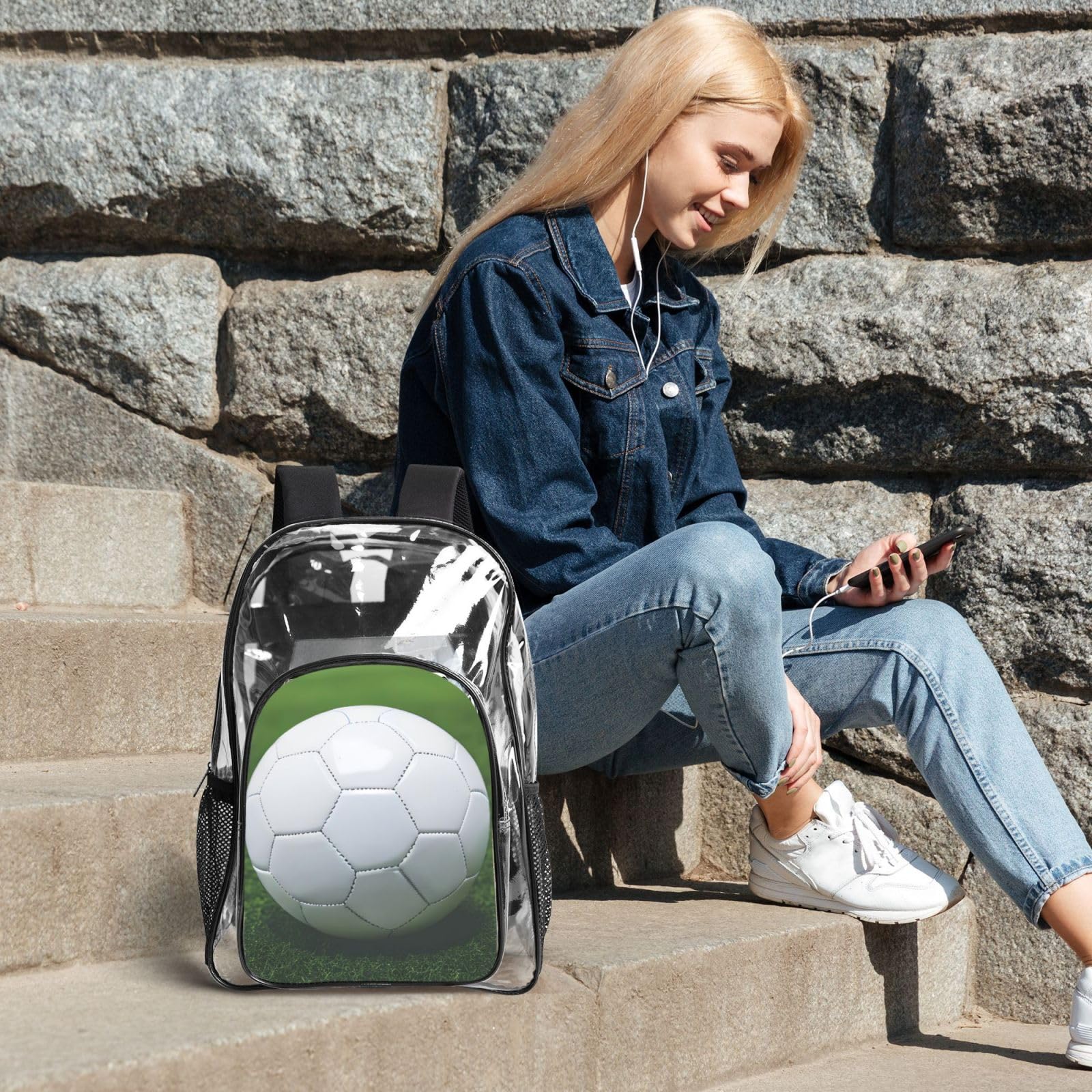 Juego de mochila 3 en 1 con estampado de balón deportivo de fútbol, bolsa transparente para eventos escolares, trabajo, estadio y transporte diario