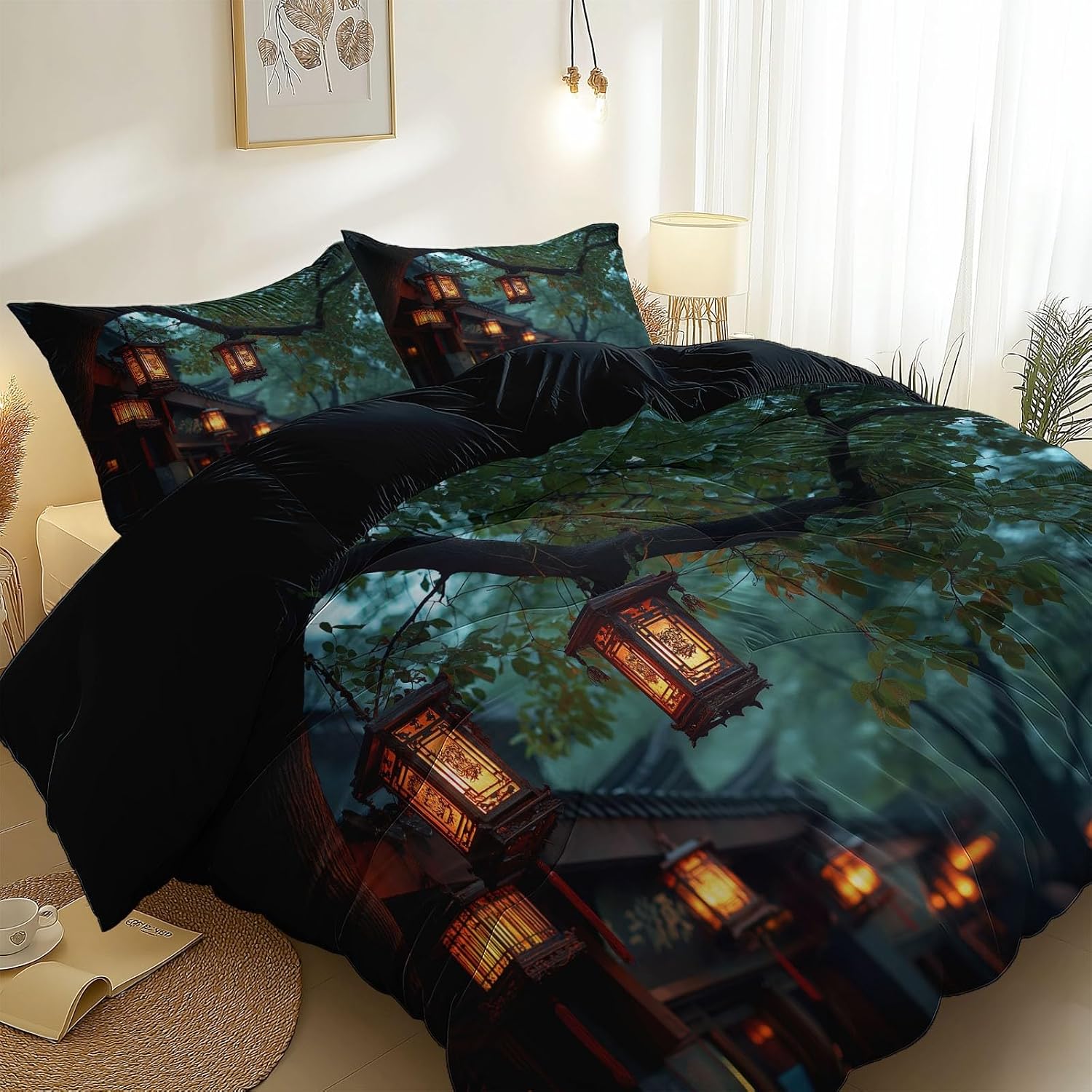Single Bedding Duvet Cover Set- Grey Printed 3 Piece Decorative Bedclothes, Tradition Lanterns Ancient Streets Soft Microfiber Down Comforter Quilt Covers Closure for Men and Women