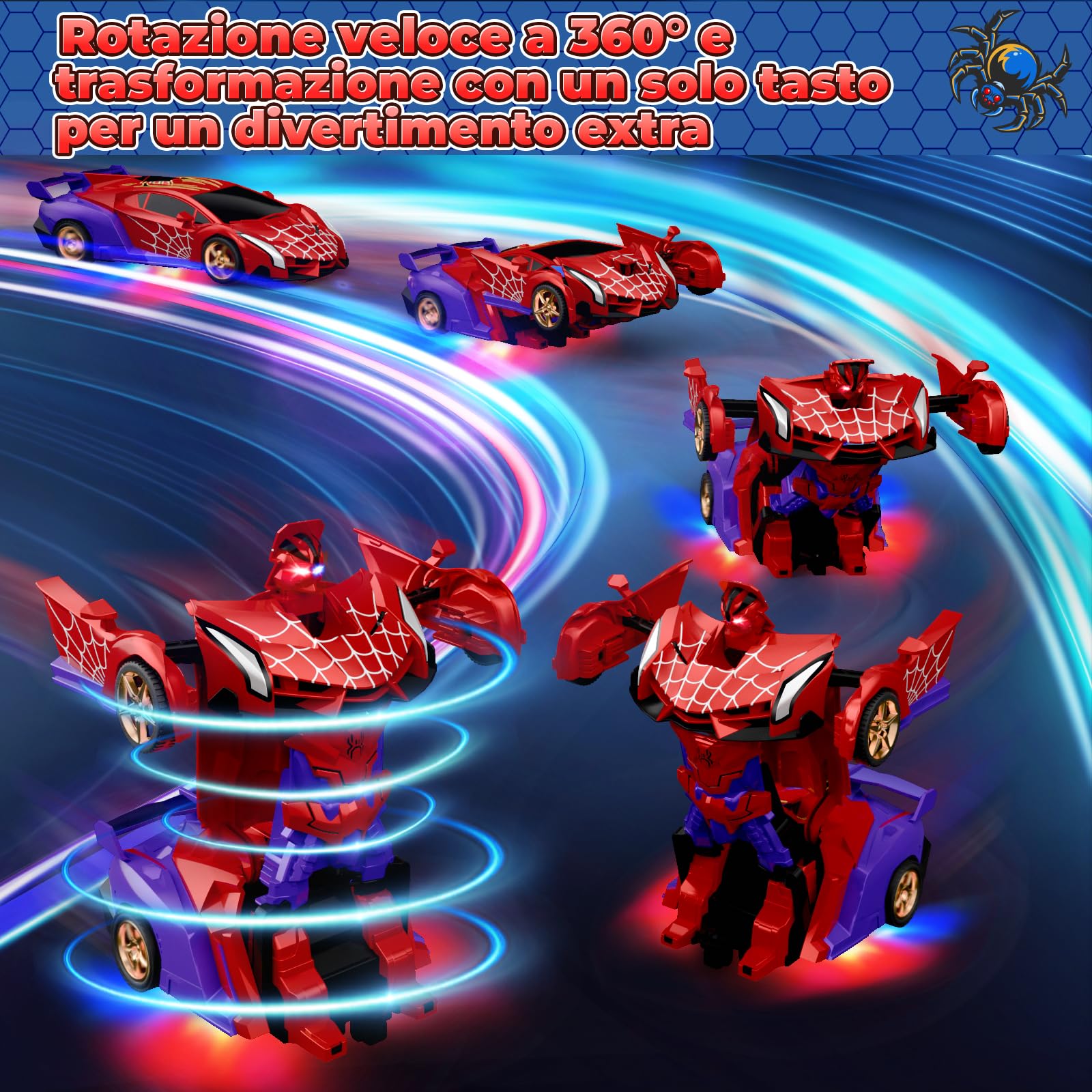 Macchina Telecomandata con Luci LED Occhi & Sotto, RC 2.4GHz&360°Deriva Trasform Robot Giocattolo Gioco Bambino 3-12 Anni, Giochi Esterno Giardino Regalo Bambini 3 4 5 6 7 8 9 Anni Maschio di Pasqua