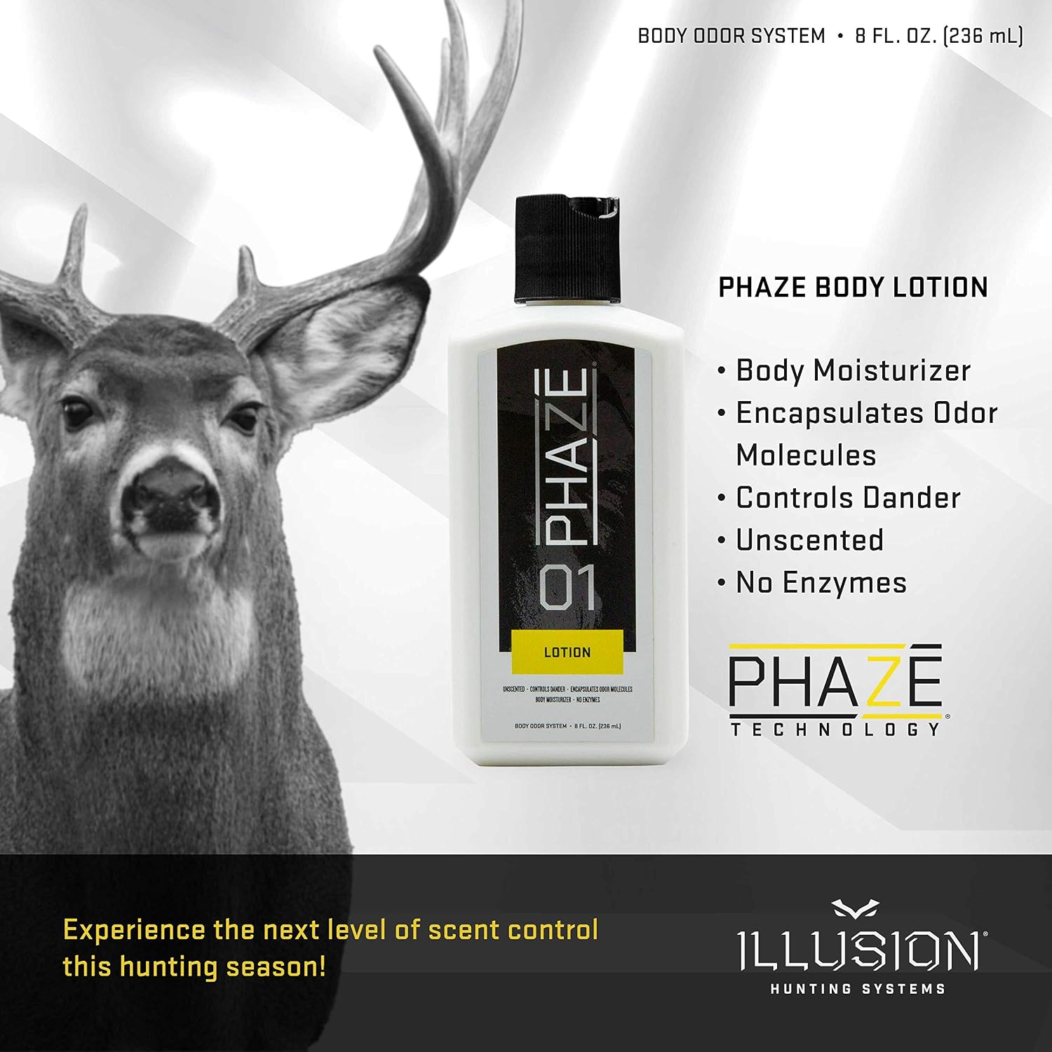 Scent Control Body Lotion | PhaZe Body Odor System by Illusion | #1 Deer Hunters Scent Control | Scent Elimination | Scent-Free Body Lotion for Hunting | 8oz. | Hunting Accessories