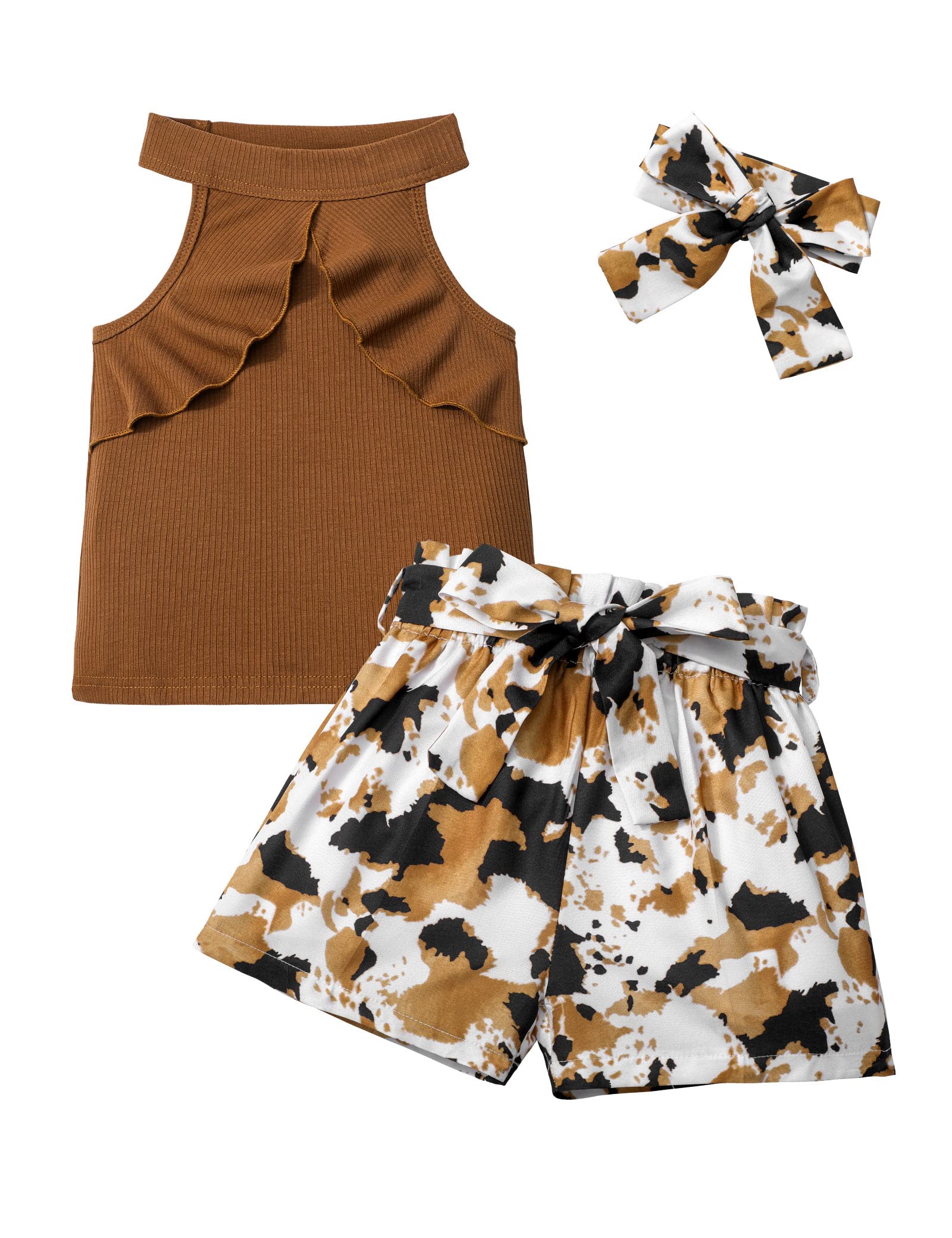 MIGU Toddler Girl Clothes Summer Silk Scarf Sets Sleeveless T-shirt Top+Stripe Shorts+Headband 3Pcs Set