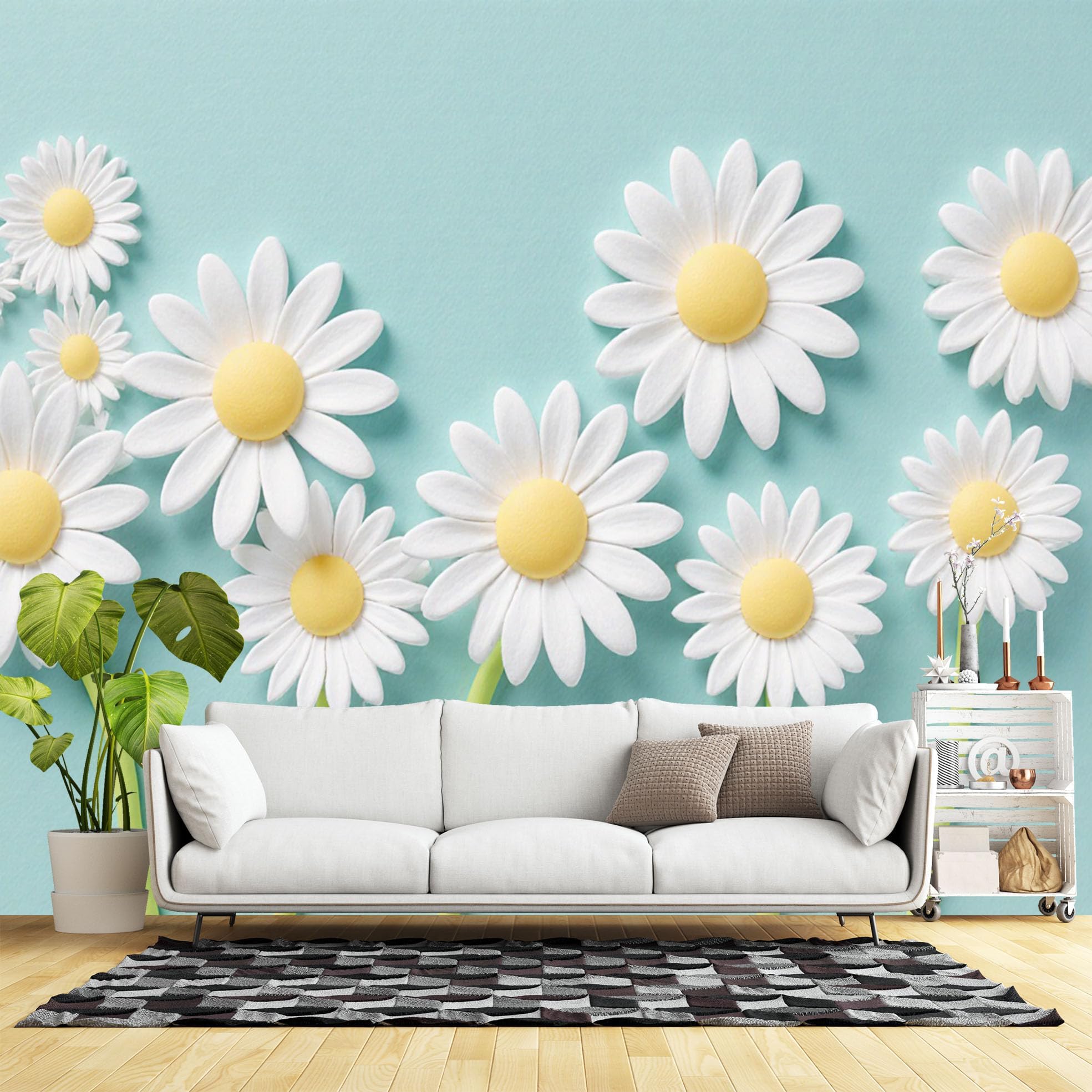 Custom Size Wall Murals,Daisy Flower Field Spring Blossom White Petals Yellow Center Botanical Garden Fresh,SelfAdhesive Wall Fabric(NO PVC) Removable Large Wallpaper for Living Room,Bedroom