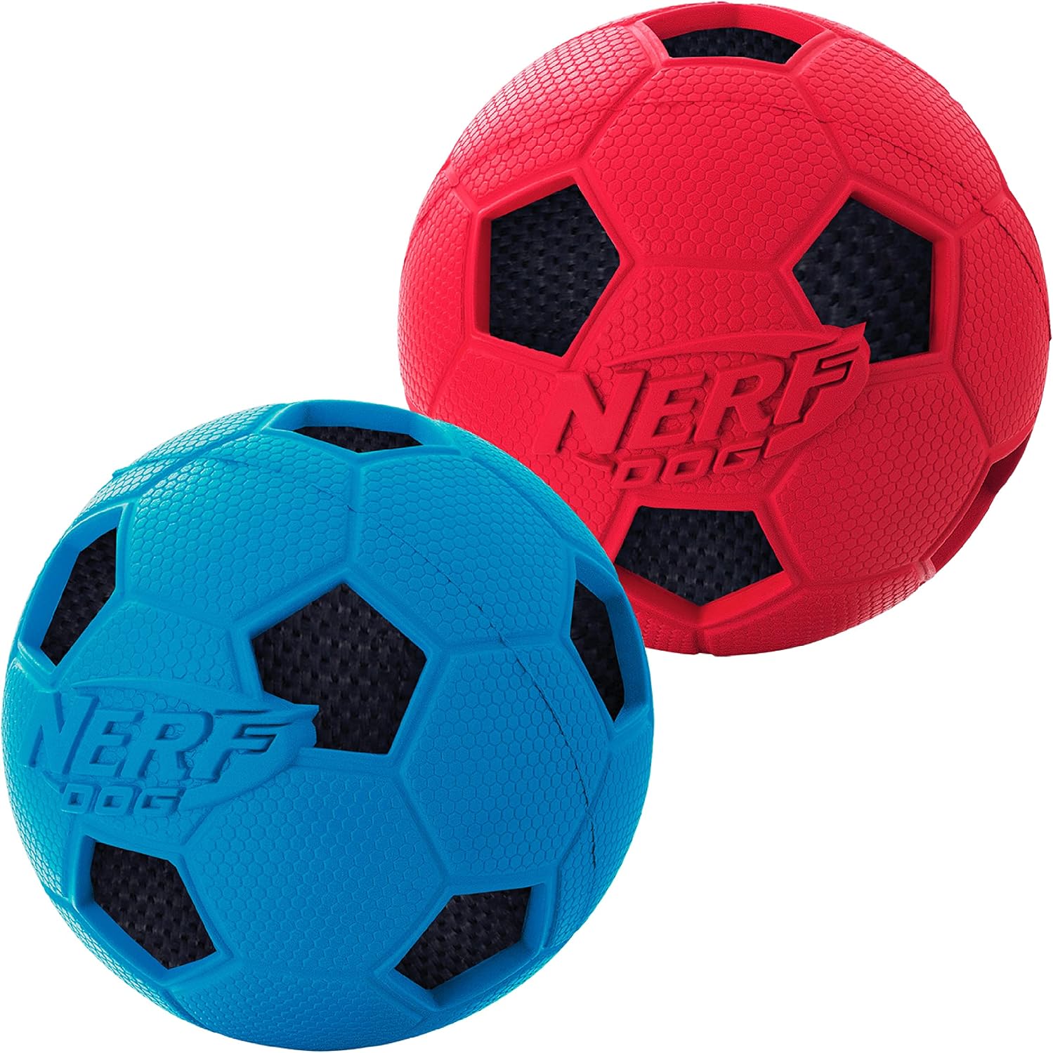 Nerf Dog Soccer Ball Dog Toy with Interactive Crunch, Lightweight, Durable and Water Resistant, 2.5 Inches, for Small/Medium/Large Breeds, Two Pack, Red and Blue