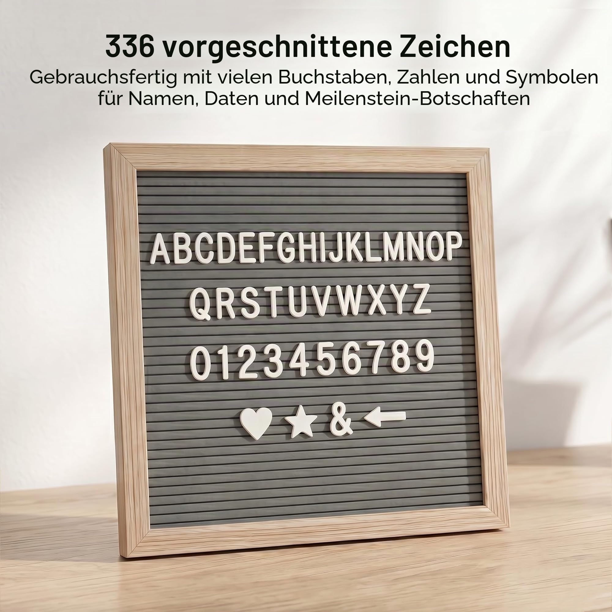 C CRYSTAL LEMON Buchstabentafel (Letter Board) 25 x 25 cm, grauer Filz, Holzrahmen, 336 Zeichen (Buchstaben, Zahlen, Symbole & Emojis) für Notizen, Deko & Fotos | Austauschbares Nachrichtenbrett mit neutralem grauem Filz, Holzrahmen und Tischständer für Z