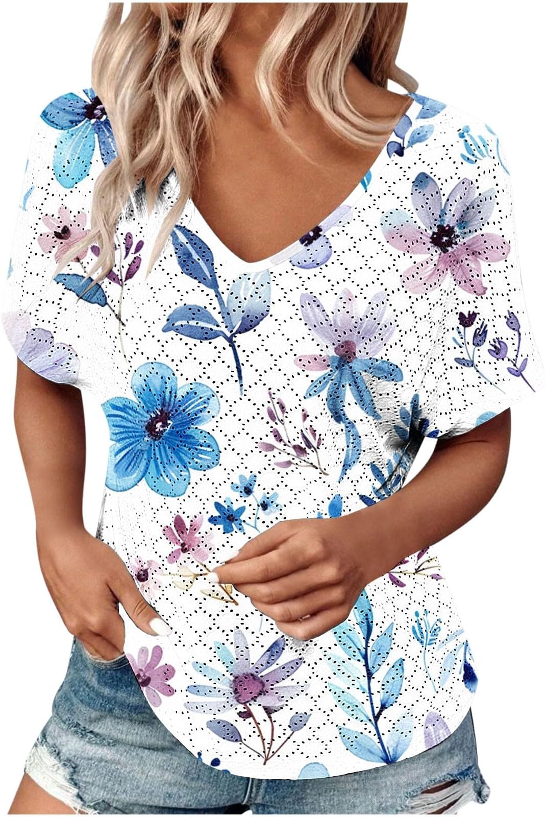 GenericEyelet Tops for Women Summer Tops for 2024 Short Sleeve V Neck Tops Plus Size Tops Workout Tops Dressy Casual Tops