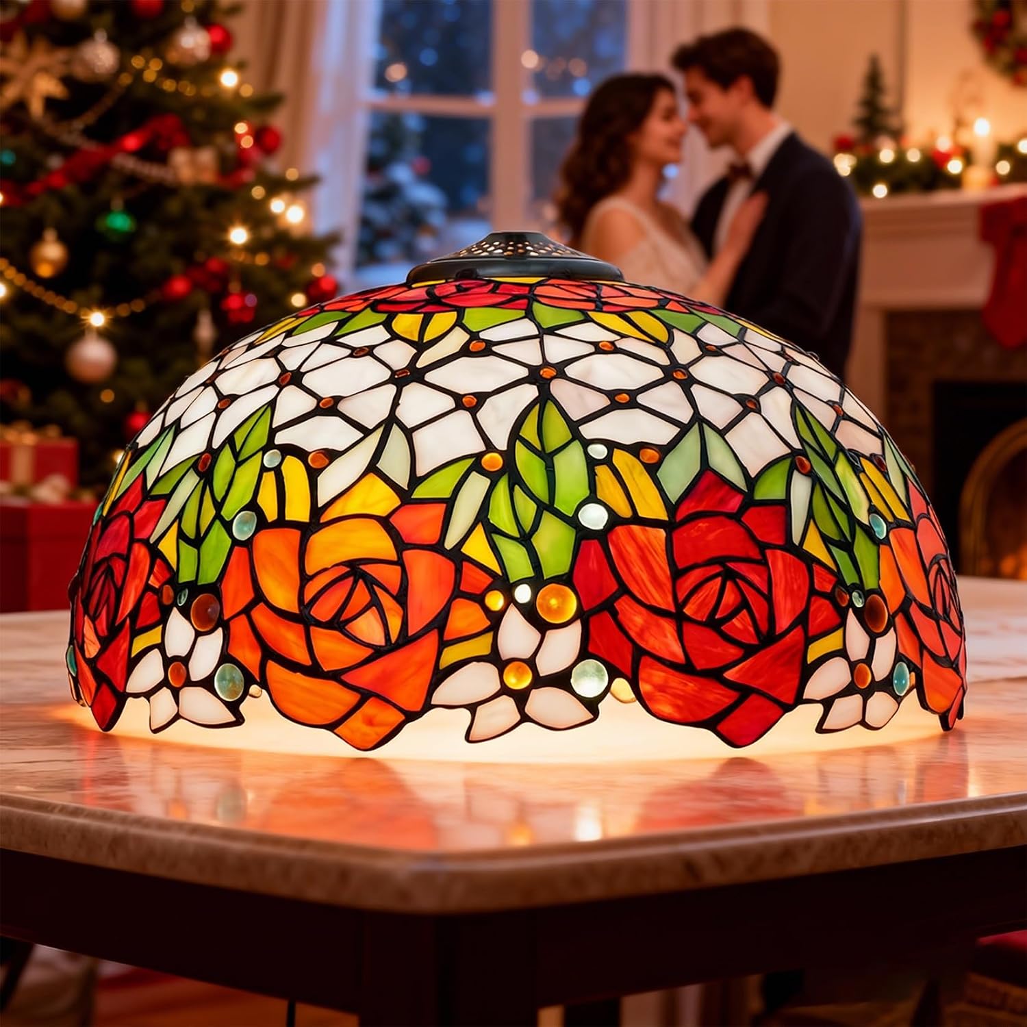 16 Inch Rose Tiffany Style Vintage Stained Glass Lamp Shade Replacement Only with Cap Fit for Bedside Reading Lamp Study Light Kitchen Dining Room Floor,Beige