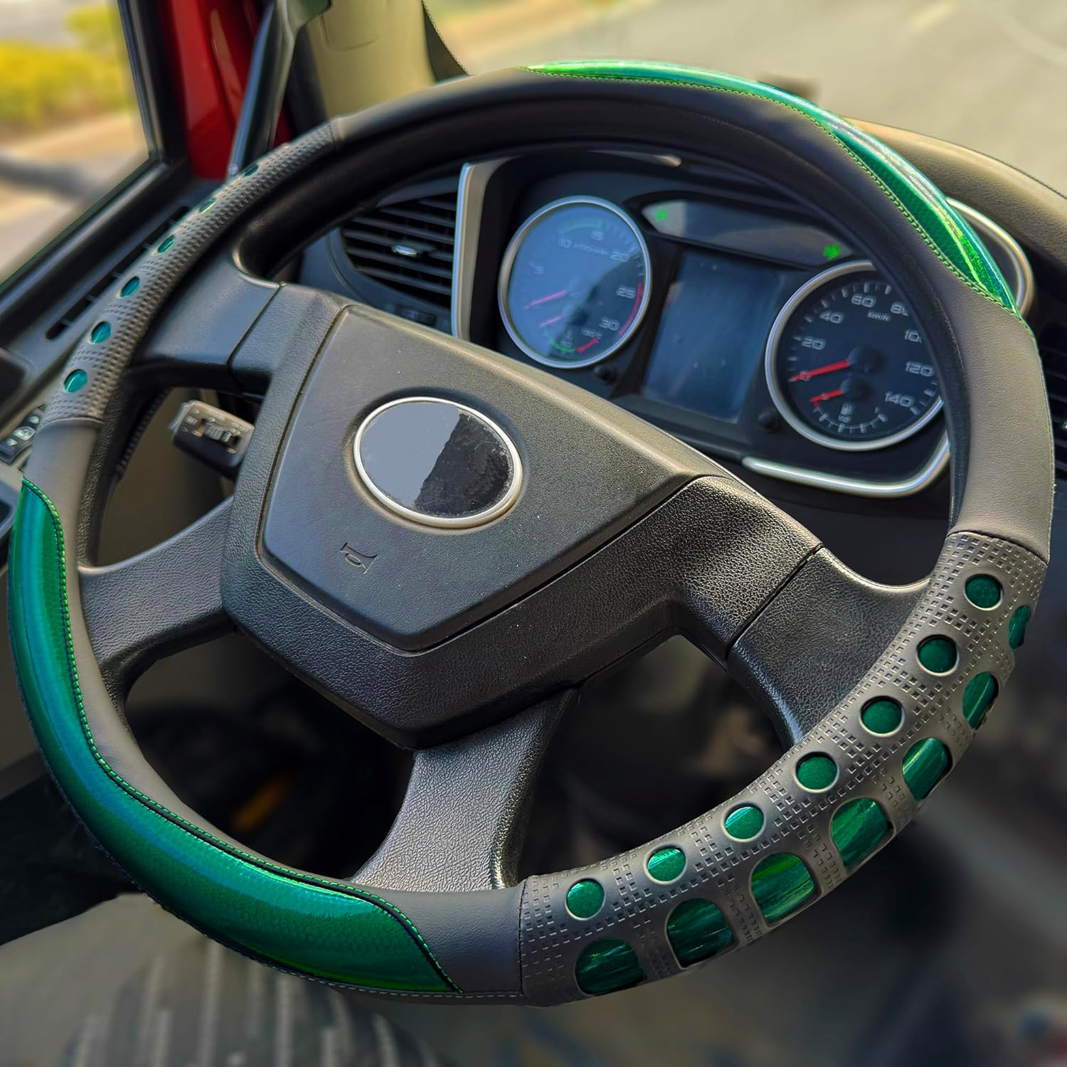 PINCTROT XL Size 17.5-18 in Race Grip Steering Wheel Cover for Semi Truck, Fits RV, Big Rig Trucker, 18 Wheeler and Classic Cars, Anti-Slip Silicone Perforated Design 17.5-18 Inch (Racing Green)