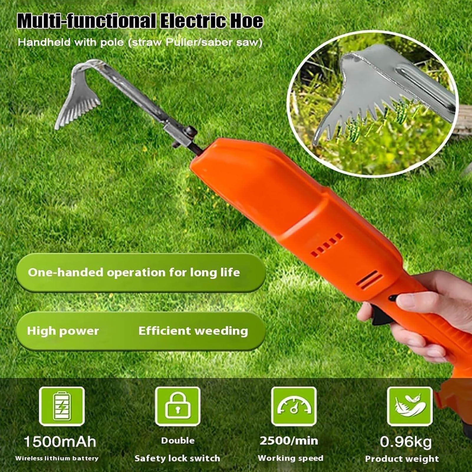 Déserbeur Électrique de Jardin Sans Fil, Cultivateur à Main avec Perche d'Extension et 2 Batteries, Houe Rechargeable Haute Vitesse pour le Desserrage Efficace du Sol
