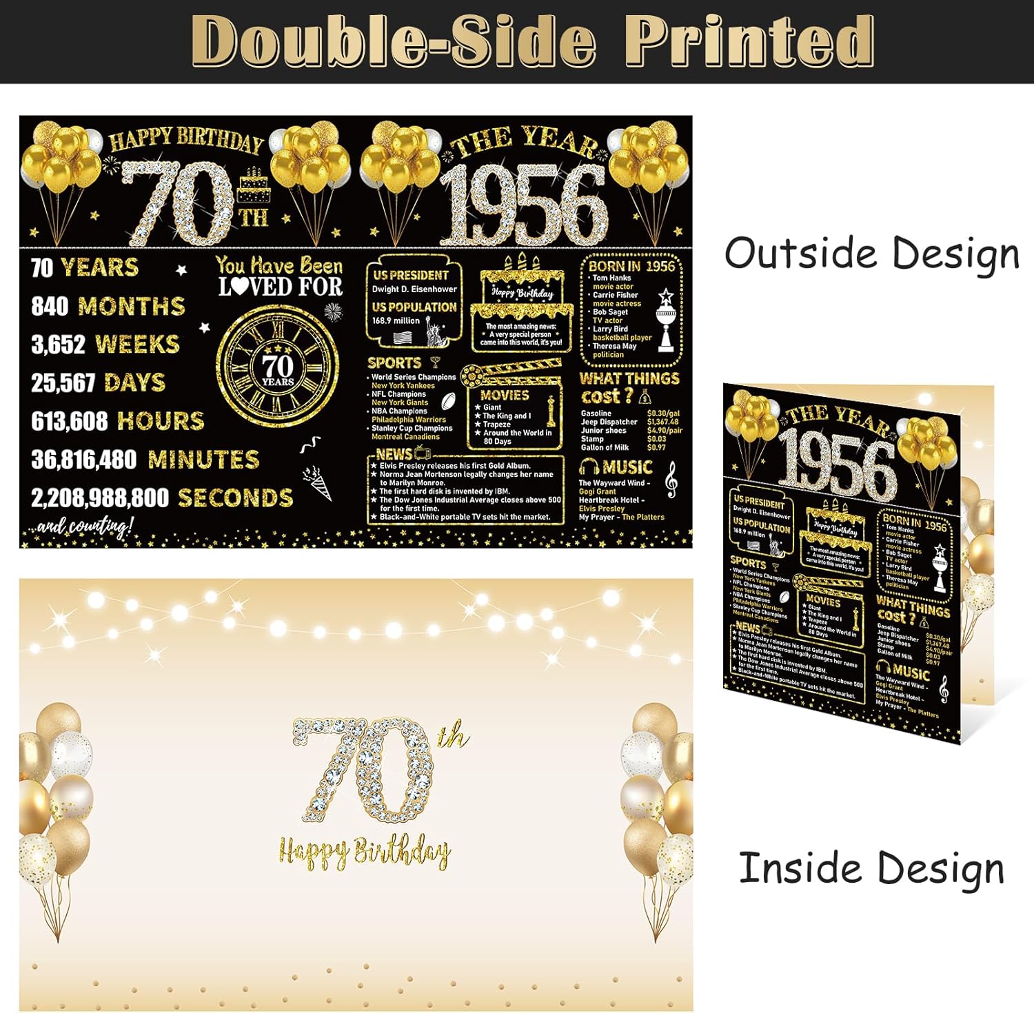 Large 70th Birthday Card With Envelope, Black Gold Happy 70th Birthday Giant Guest Book Gifts for Men Women, Giant Seventy Bday Card Gifts Party Supplies, The Year 1956 Jumbo 70 Bday Card - Image 2