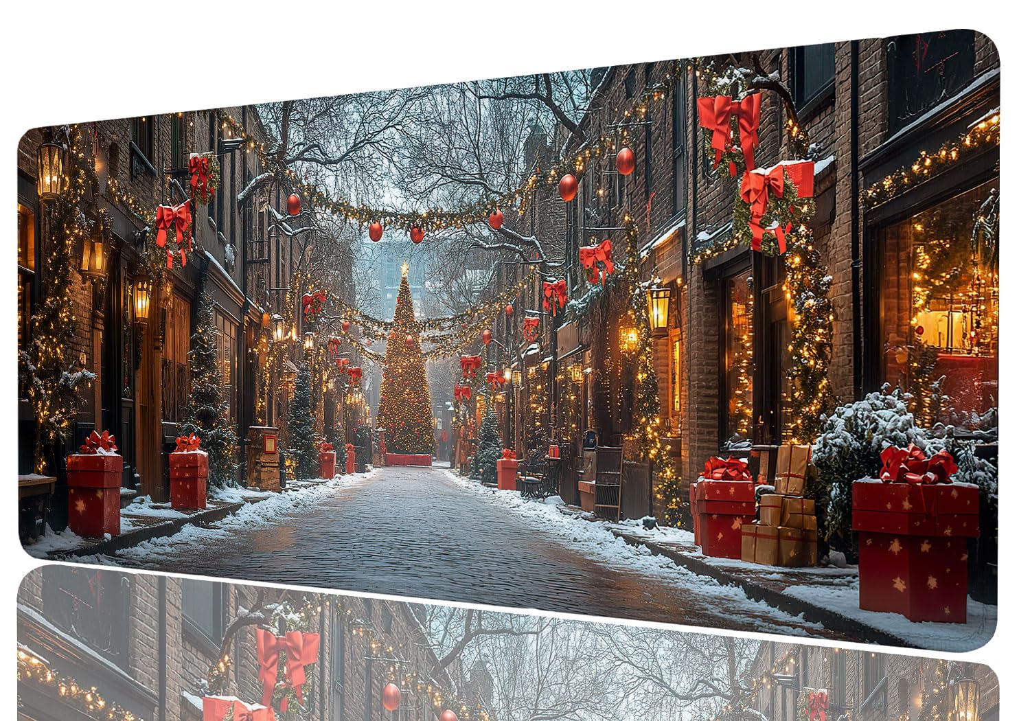 Christmas Gaming Mouse Pad Tree Red Lantern White Snow Street Mousepad XL Large Gaming Desk Mat Laptop Keyboard Mat Desk Pad Office Computer Keyboard Laptop Home 31.5"x11.8" 31.5L x 11.8W inches Christmas_A02