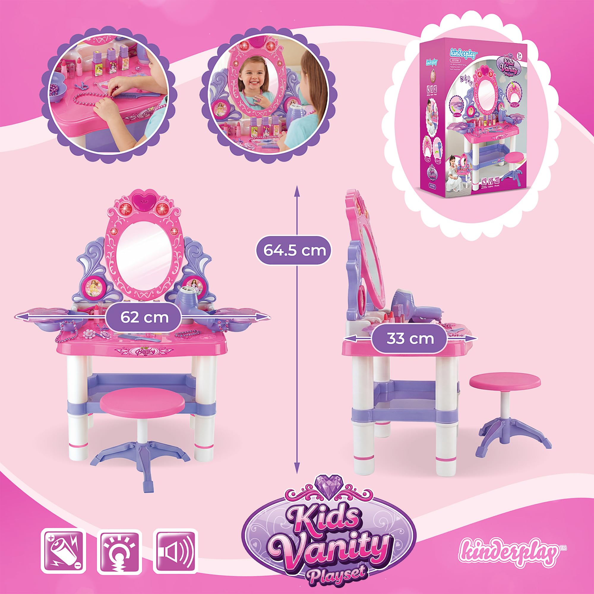 Kinderplay Tavolo da toeletta rosa per bambini con bacchetta magica e accessori | Tavolo da toeletta per bambini con specchio, cassetto, sgabello e set da trucco – giocattolo di ruolo,