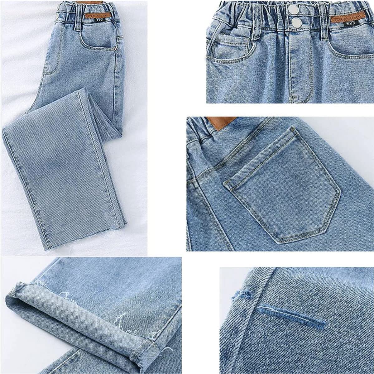 Jeans strappati per bambine e ragazze, con elastico in vita, pantaloni larghi, taglia 5-14 anni