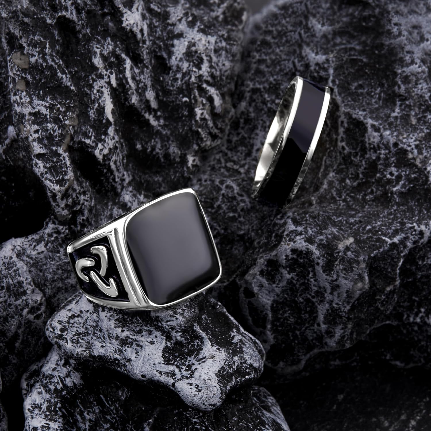 9 Pcs Men's Stainless Steel Vintage Signet Ring Set: Square, Pinky, Thumb, Chunky, Thin Band, Cuban Link, Biker Rings for Men - Image 3