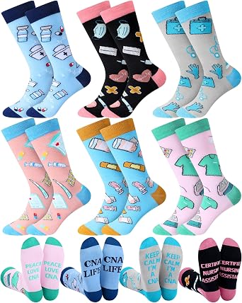 6 Pairs CNA Week Nurse Socks for Women Men Funny CNA Gifts Crew Cotton Socks Certified Nursing Assistant Appreciation Gifts for Healthcare Workers Nurses
