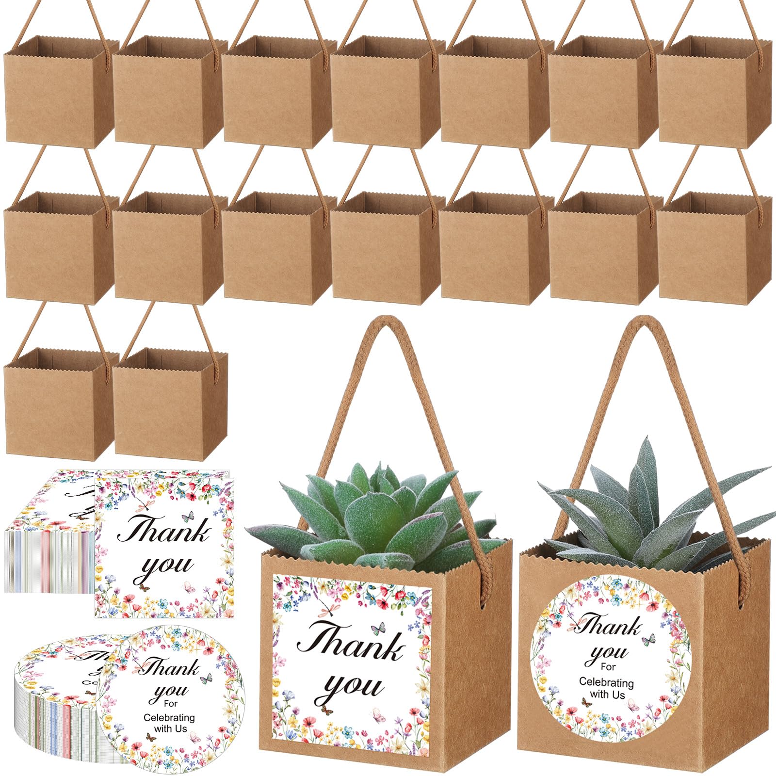 Faccito Set di 60 Sacchetti Regalo per Piante Succulente con Adesivi di Fiori Selvatici, Scatola Regalo per Piante in Carta Kraft con Manici, Adatta per Vasi da 6,35 cm, Ideale per Doccia di Benessere