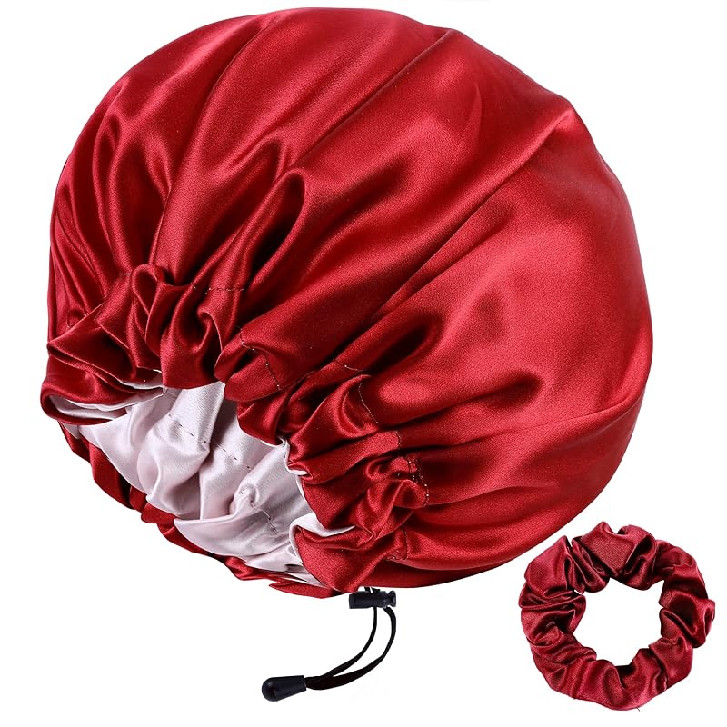 Touca de dormir dupla face RedJoe em seda de amoreira 22 Momme, ajustável, vinho e rosa, com scrunchie, 1 unidade