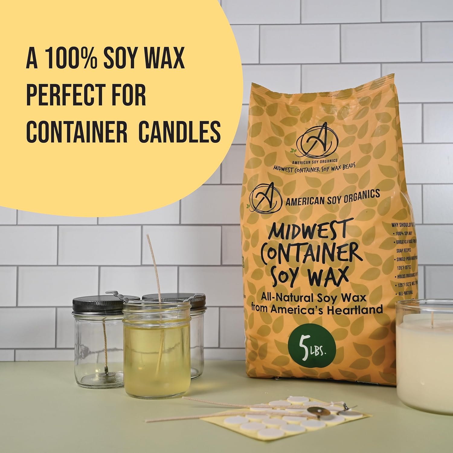 American Soy Organics 100% Midwest Soy Beads for Candle Making - Natural Supplies - Paraffin-Free, Beeswax-Free Candle Wax for Container Candles, Tealights and Wax Melts, 10 lbs