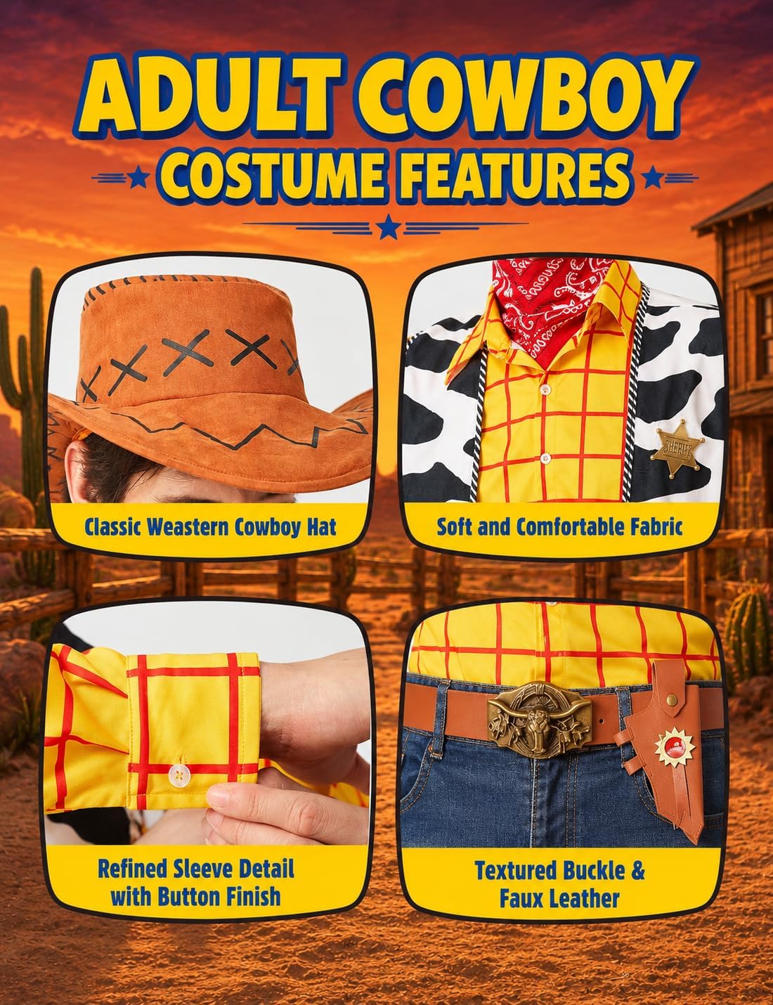 Western Cowboy Costume 7Pcs Halloween Adults Sheriff Men Outfits