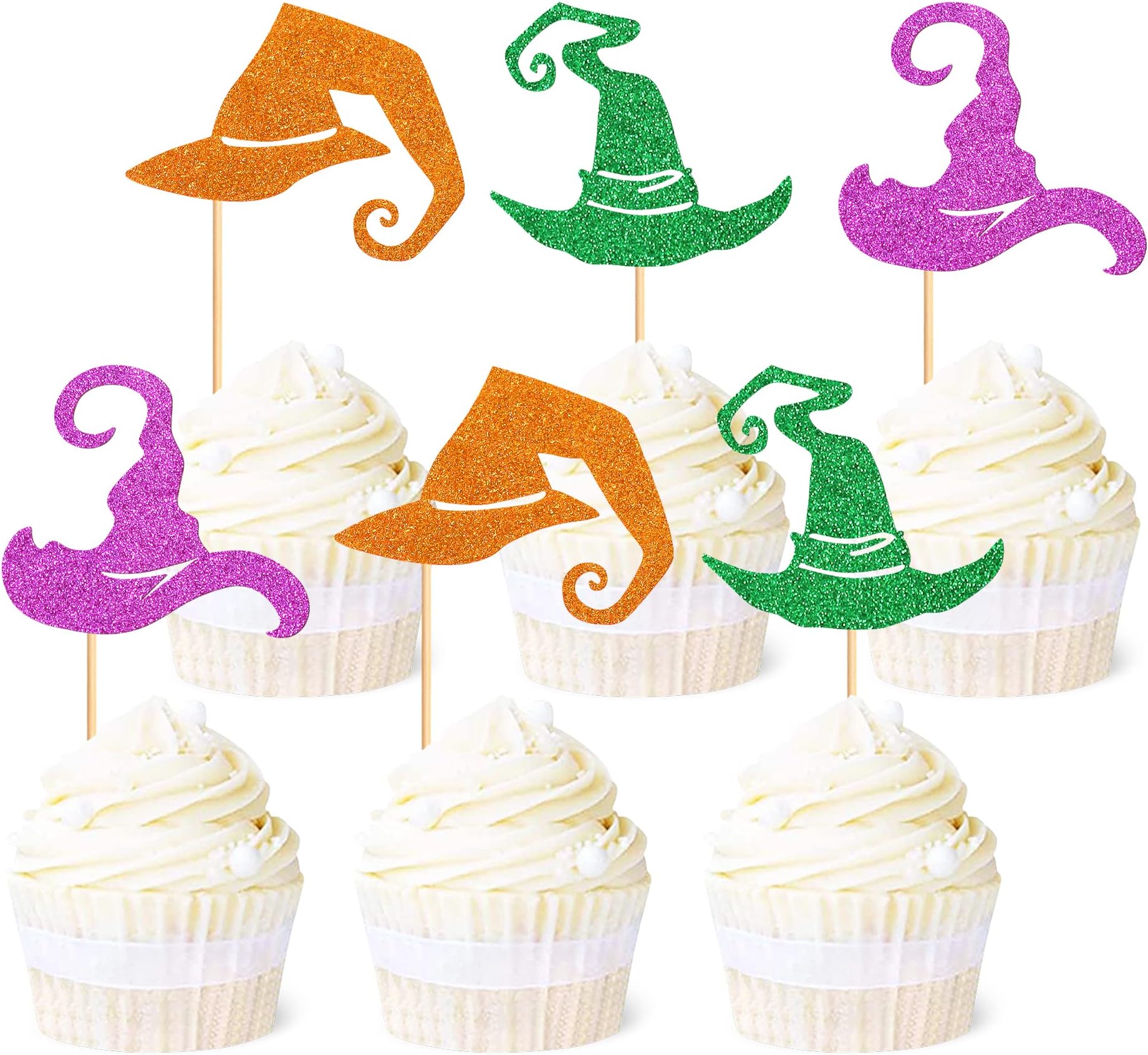 Ercadio 24 Pack Halloween Witch Hat Cupcake Toppers Glitter Witch Cupcake Picks Halloween Wizard Hat Cupcake Decors for Baby Shower Birthday Halloween Themed Party Cake Decorations Supplies