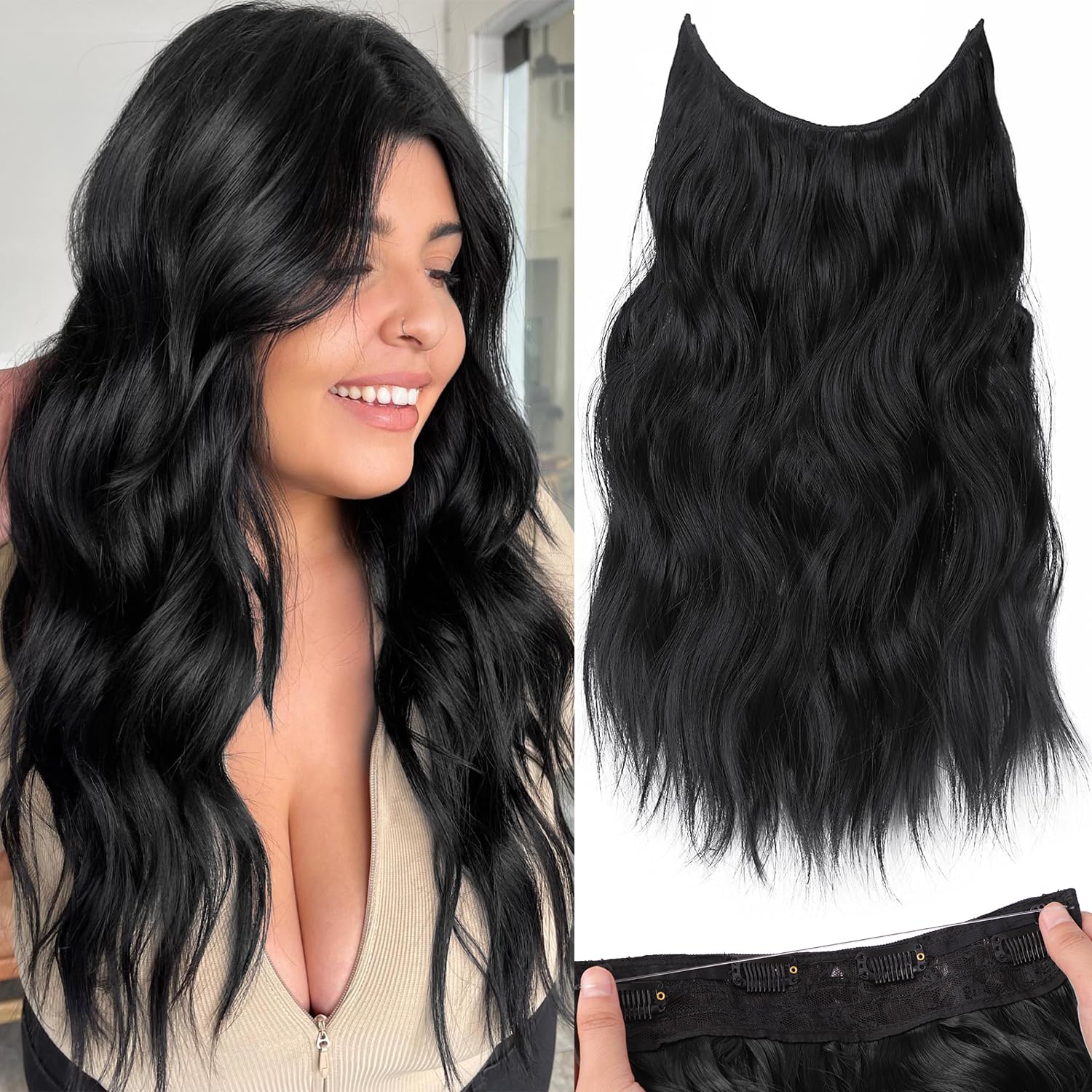 KooKaStyle Invisible Wire Hair Extensions with Transparent Headband Adjustable Size 4 Secure Clips Long Wavy Secret Wire Hairpiece for Women (16 Inch,