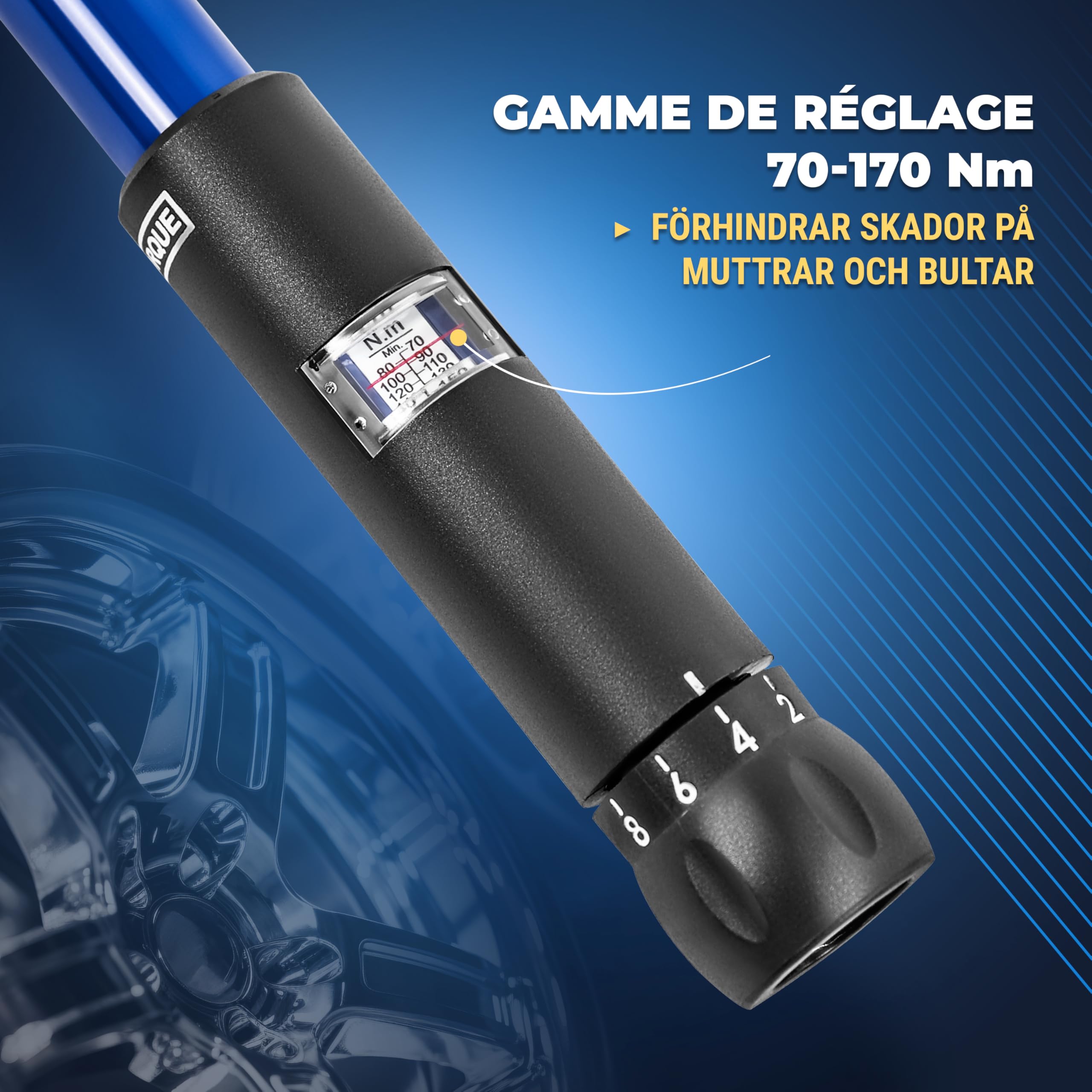 S&R Zestaw kluczy dynamometrycznych, nowy patent, klucz krzyżowy z uchwytem wrzecionowym, 70-170 Nm: 1/2", w tym 3 nasadki 17 mm, 19 mm, 21 mm, ze stali CrV, w solidnej walizce