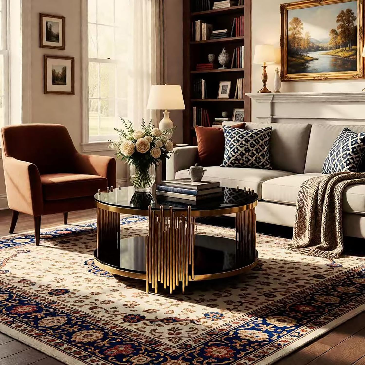 31.5" Round Coffee Table, 2-Tier Black Tempered Glass Coffee Table with Gold Metal Frame for Living Room, Office & Café