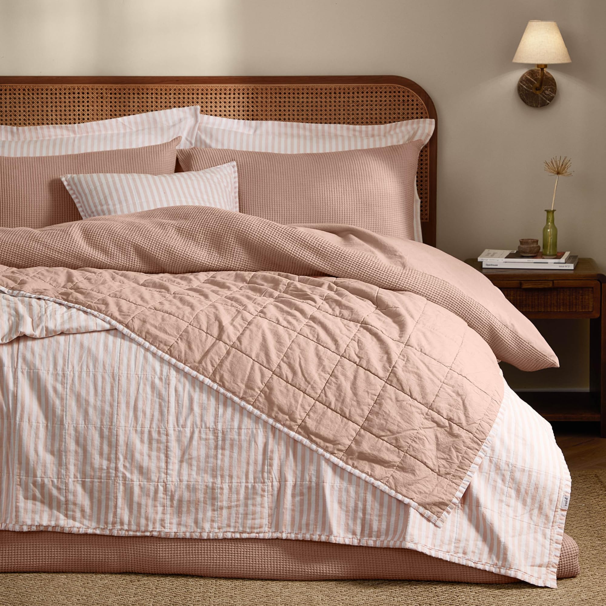 Yard Hebden Stripe Quilted Bedspread – Reversible Textured Soft Cotton Coverlet (Blush/Cotta – 150x200cm)