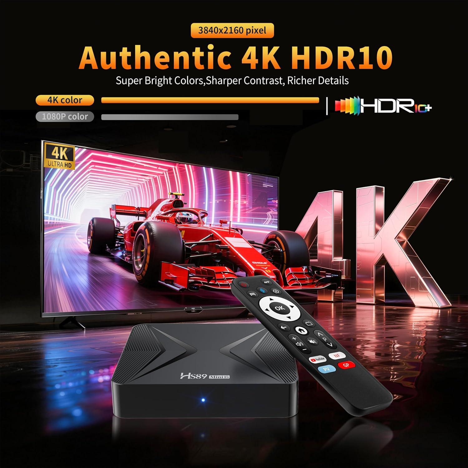 Android TV Box 14.0,HS89 MINI15 2GB RAM 16GB ROM Quad-Core Cortex-A55 CPU,2.4GHz/5GHz Dual Band WiFi6 4K Ultra HD Resolution Bluetooth 5.4,Android TV Box