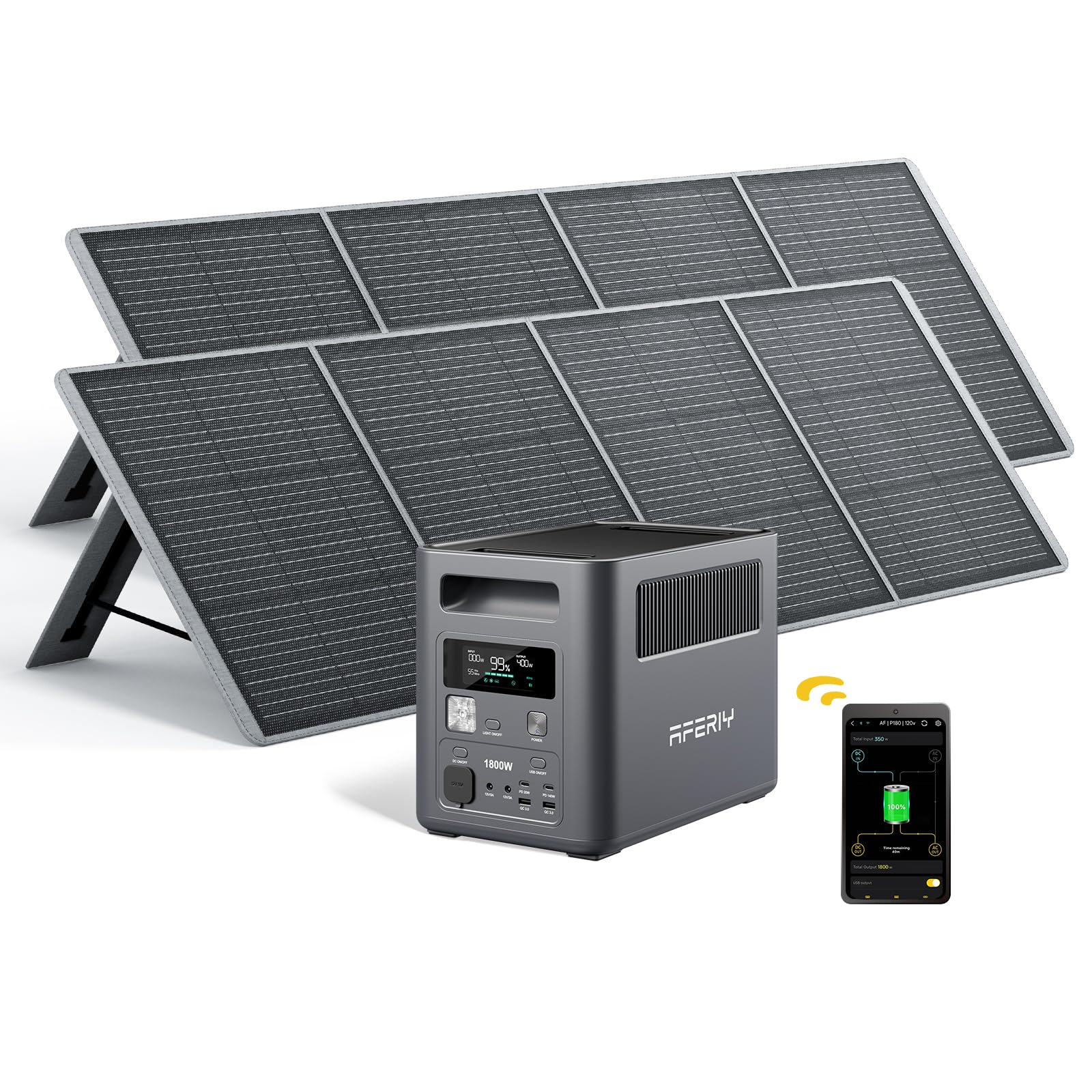 AFERIY Tragbare Powerstation 1800W mit Solarpanel 200Wx2, 1024Wh LiFePO4 & 1Std Schnellladung Solar Powerstation, mit APP, 9 Ausgänge, <10ms USV, BMS, Reine Sinuswelle 230V, für Camping