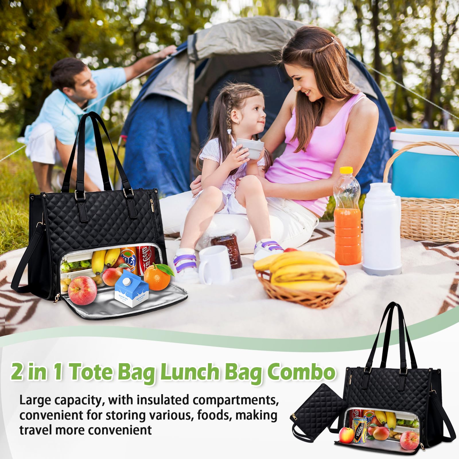 Sac Fourre-tout 3 En 1, Sac à Déjeuner 2 En 1 Pour Femme, Sac à Main Pour Ordinateur Portable Avec Compartiment Isotherme, Noir/blanc