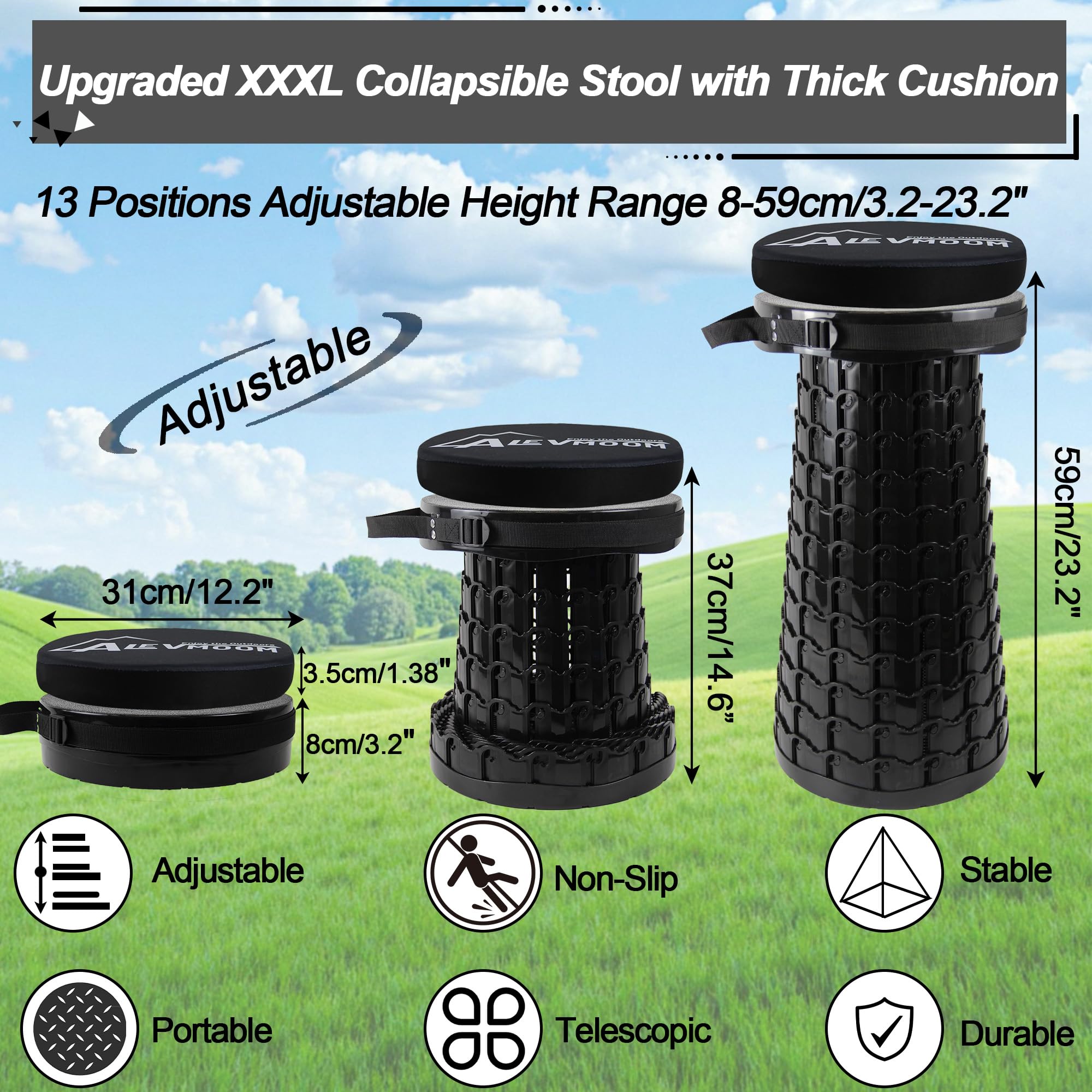 ALEVMOOM 2026 Verbesserter XXL-Klapphocker mit Kissen und Tasche, höherer 59 cm Tragbarer Teleskophocker, maximale Belastbarkeit 450 kg, einziehbarer Klapphocker für Camping und Reisen