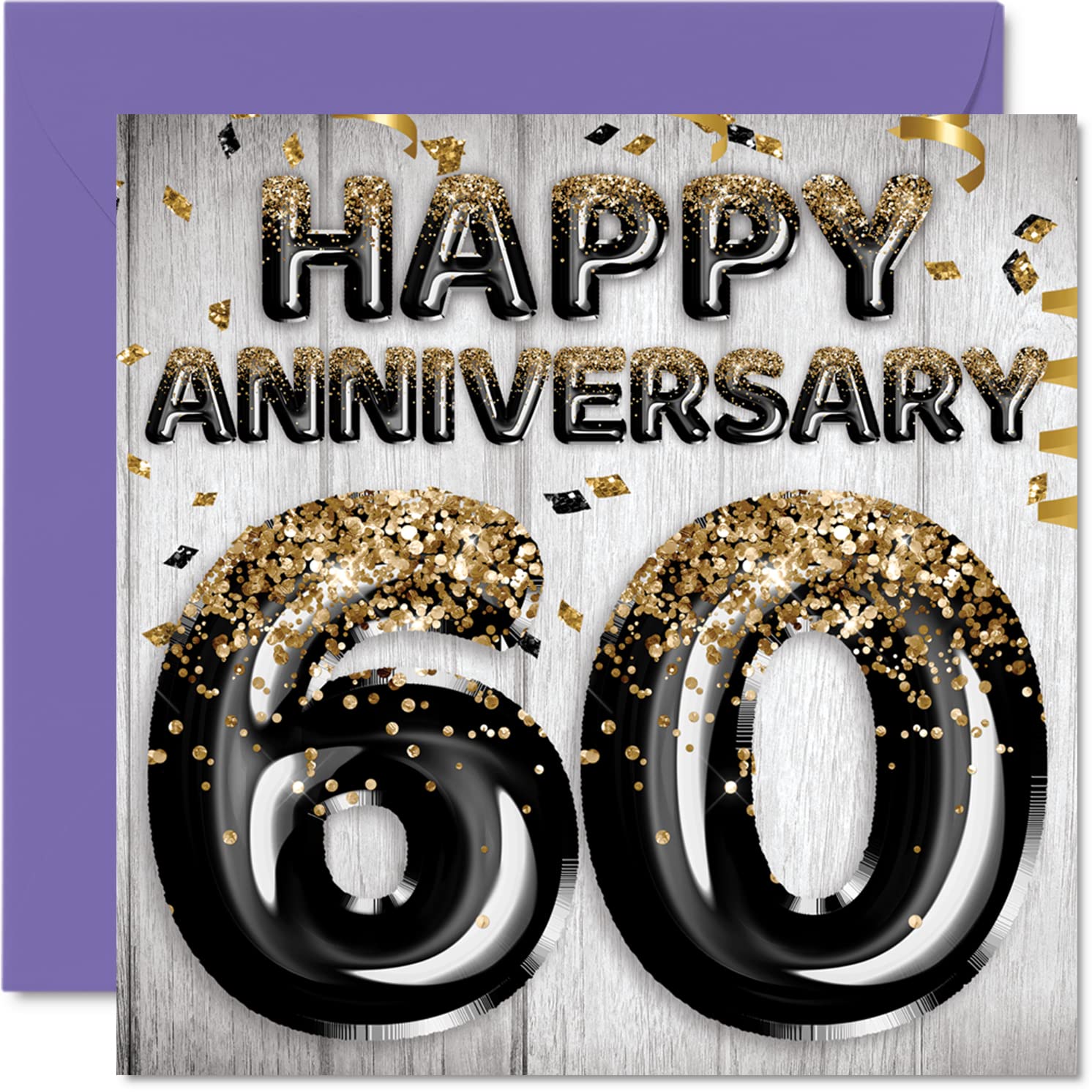 Impresionante tarjeta de aniversario de diamante para marido, novio, esposa, novia, globos negros y dorados con purpurina, tarjetas de feliz 60 aniversario de la familia, tarjetas de felicitación de
