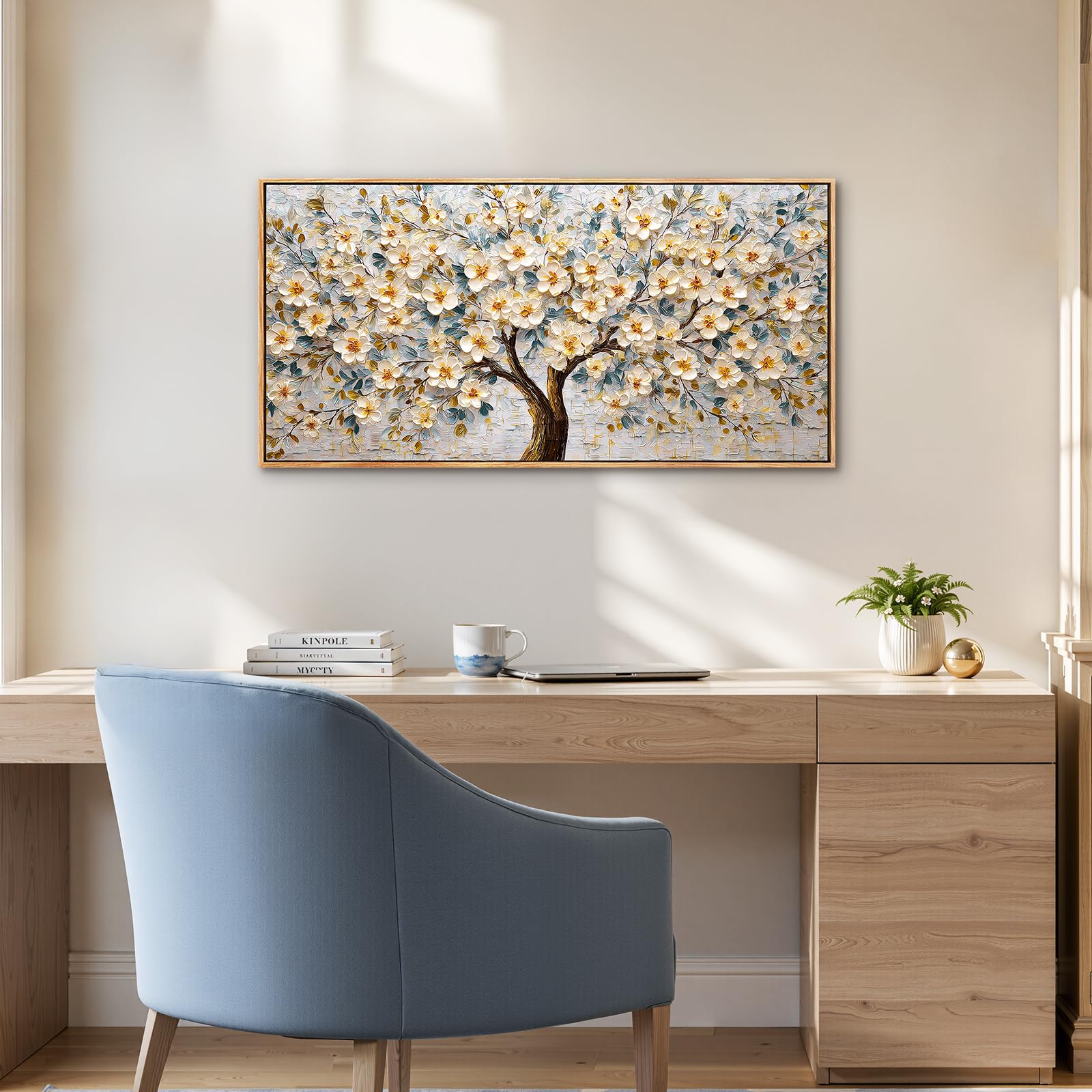 SERIMINO Quadro Moderno Albero Della Vita Fiori con Cornice 50x100 cm | Fiori Bianchi Oro, Stampa HD, Tela Pregiata, Telaio Legno Massello, Install Facile, Regalo Decorativo