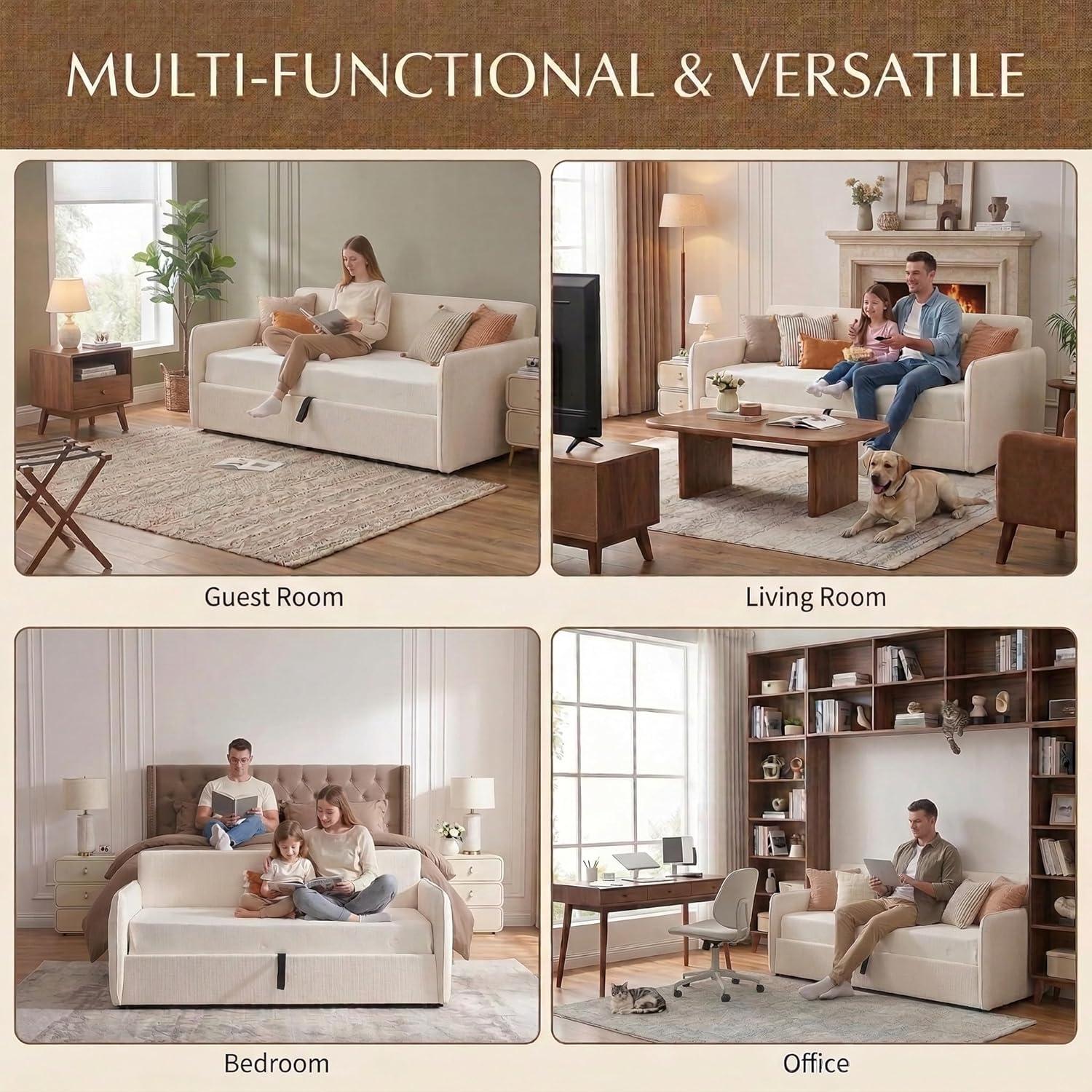 Twin Size Upholstered Daybed with Lift-Up Storage, Cream White Linen Corner Bed with Armrest, Under-Bed Gas Lift Storage for Bedroom or Apartment, No Box Spring Needed, Wooden Slats Support