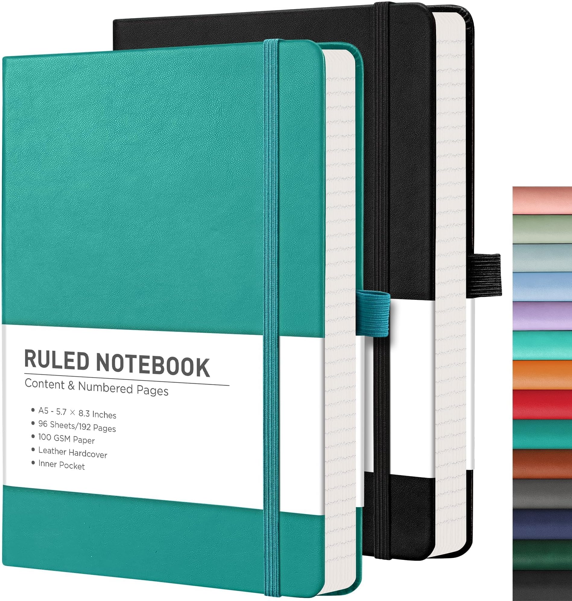 RETTACY Notepad A5 Lined 2 Pack - Leather Journal with 376 Numbered Ruled Pages, Hardcover Notebook,2 Free Sticky Notes Divider,8 Perforated Sheets, Pen Loop, Inner Pocket, 14.5 x 21cm（Black Cyan）