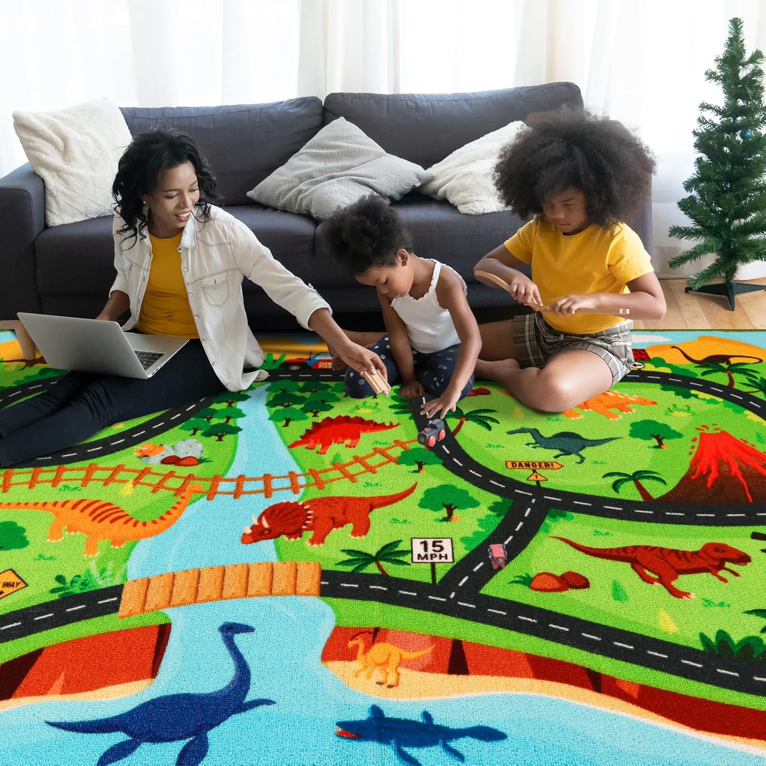 Kids Carpet Playmat Rug,59"X39.4" Dinosaur Car Rugs for Kids Toy Cars,Non Slip Dino Safari Road Map Kid Rug for Playroom Bedroom Boys,Kid Play Mat Road Carpet,Track Rug Car Play Carpet for Kids
