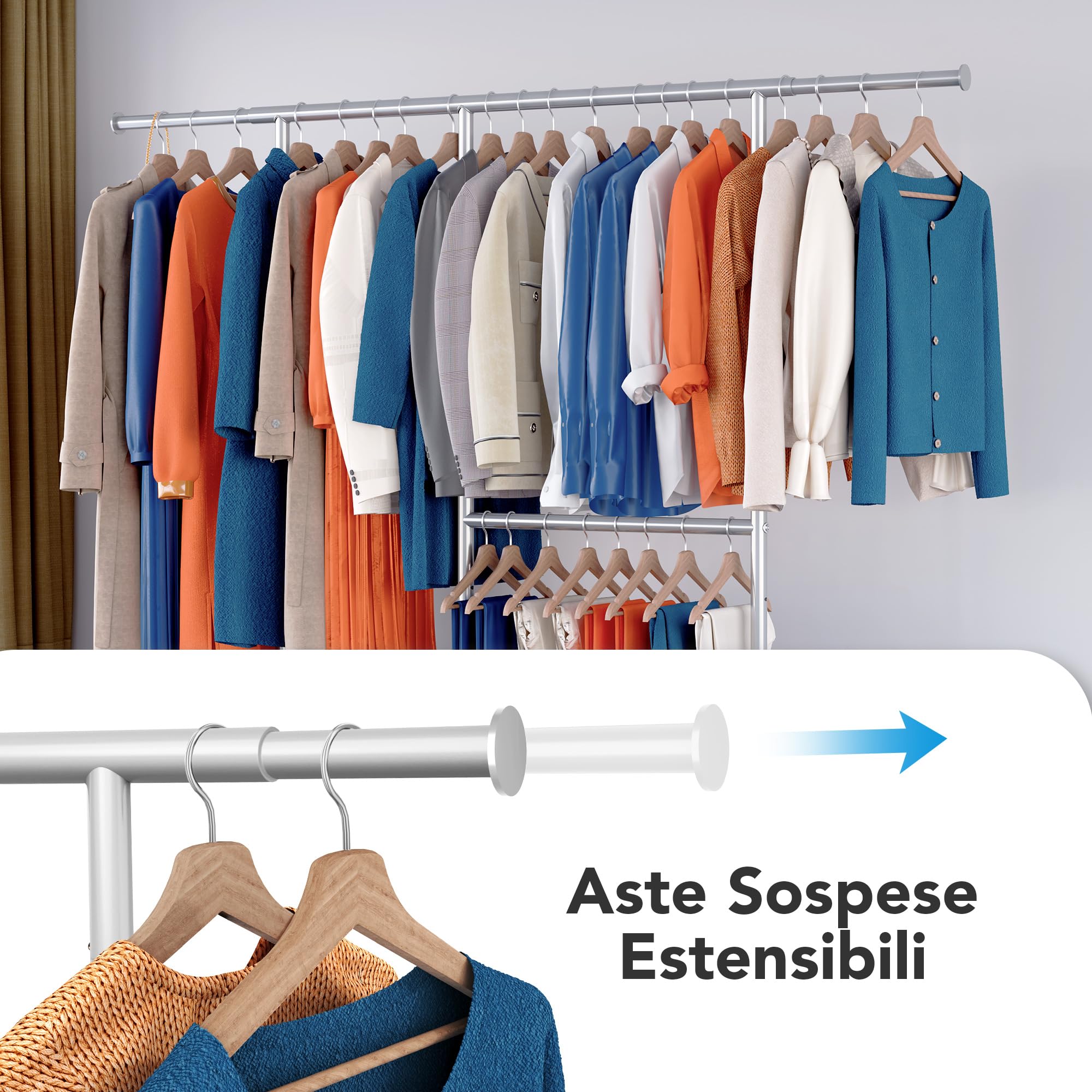 HOKEEPER Heavy Duty Attaccapanni Appendi Abiti su Ruote, Appendiabiti con Telaio Inferiore, 2 Livelli, Porta Vestiti da Camera, con Carrelli Regolabili in Acciaio Cromato, Argento