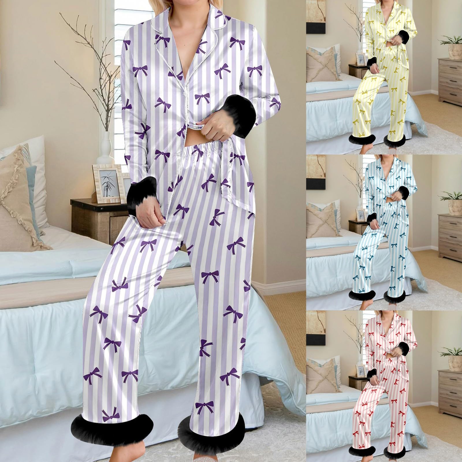 Pigiama da donna in raso, con stampa a maniche lunghe, camicia e pantaloni, due pezzi, con piume, casual, comfort, abbigliamento da casa, aperto sul davanti, tuta da notte comoda con orlo in piuma