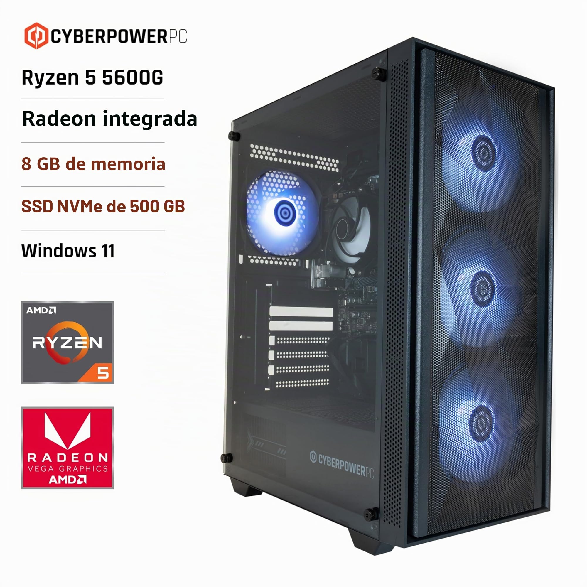 CYBERPOWERPC Regiment Gaming PC - AMD Ryzen 5 4600G, Radeon Graphics, 8GB RAM, 500GB NVMe SSD, 450W 80+ PSU, Wi-Fi, Windows 11, Sylph RGB