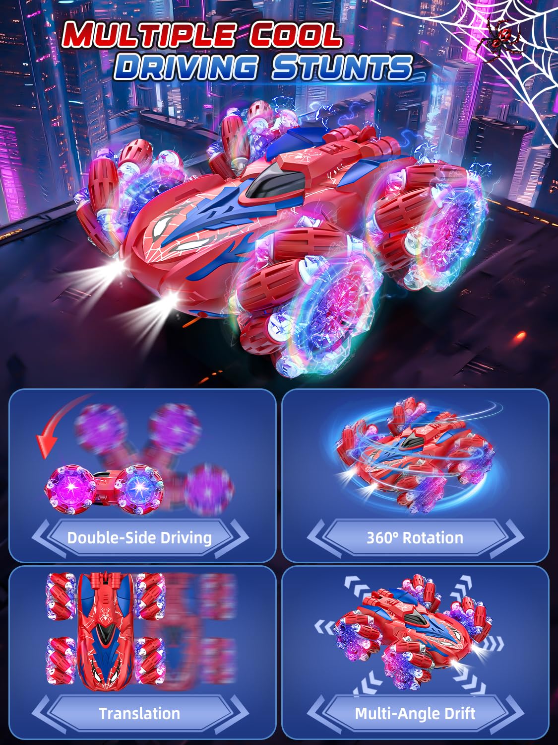 Spider Macchina Telecomandata per Bambini, 360° Ruotare e 2.4Ghz Monster Truck con Luce e Musica, 4WD RC Auto Acrobatica Giochi Bambini 3 4 5 6 7 8 9 Anni, Regalo Bambino Bambina per Compleanno Natale