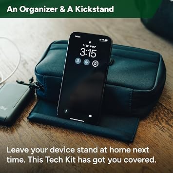 Halfday Sidekick Tech Organizer Kit: Flip-Out Kickstand for Phone/Tablet, Zip-Flat Pouch with Power Mesh & Elastic for Cable & Charger (Splash-Resistant Travel Electronics Accessories Case), Shadow