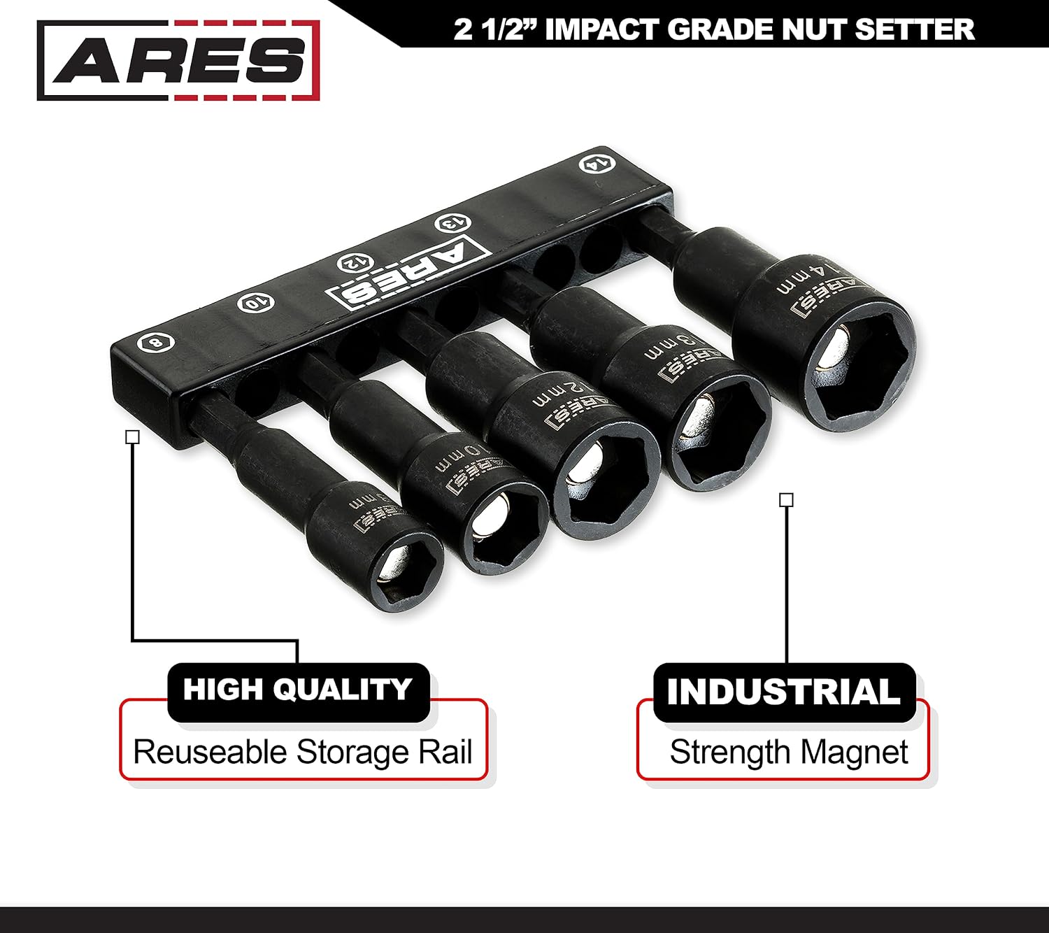 ARES 70029 - Metric Impact Magnetic Nut Driver Set - 2 1/2-Inch Impact Grade Nut Setter with Industrial Strength Magnet