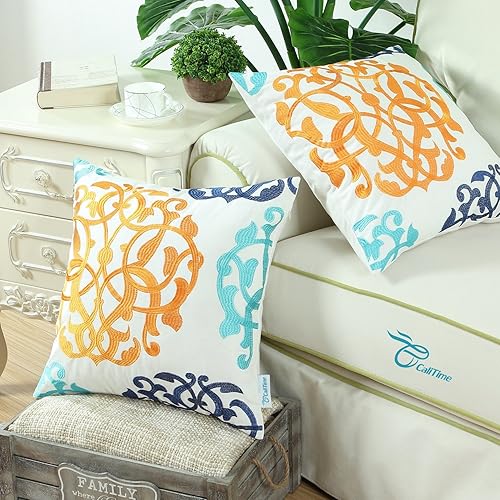 Miniatura 2 de CaliTime - Juego de 2 2 fundas de almohada de algodón, fundas para sofá cama, sofá clásicas, con detalle de brújula geométrica, bordado floral,