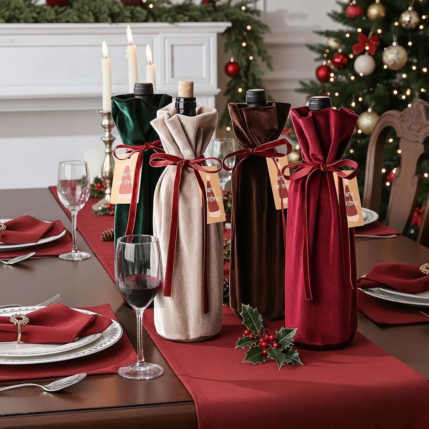 MelonBoat Christmas Wine Bottle Bags: Velvet Gift Bags with Drawstring, Luxury Holiday Reusable Pouches for Champagne Bottles, Engagement Party Decorations Gifts for Couples Her, Xmas Home Decor - Image 4