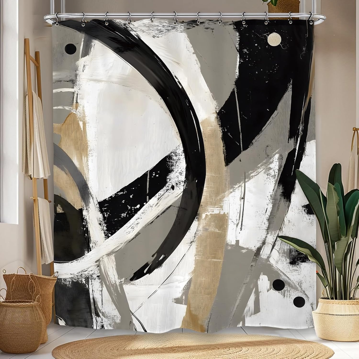 GLKSDLPO Abstract Black White Gold Curve Pattern Waterproof Shower Curtain Modern Luxury Bath Curtain for Living Room Decor(145x190cm/57x75in(WxH)