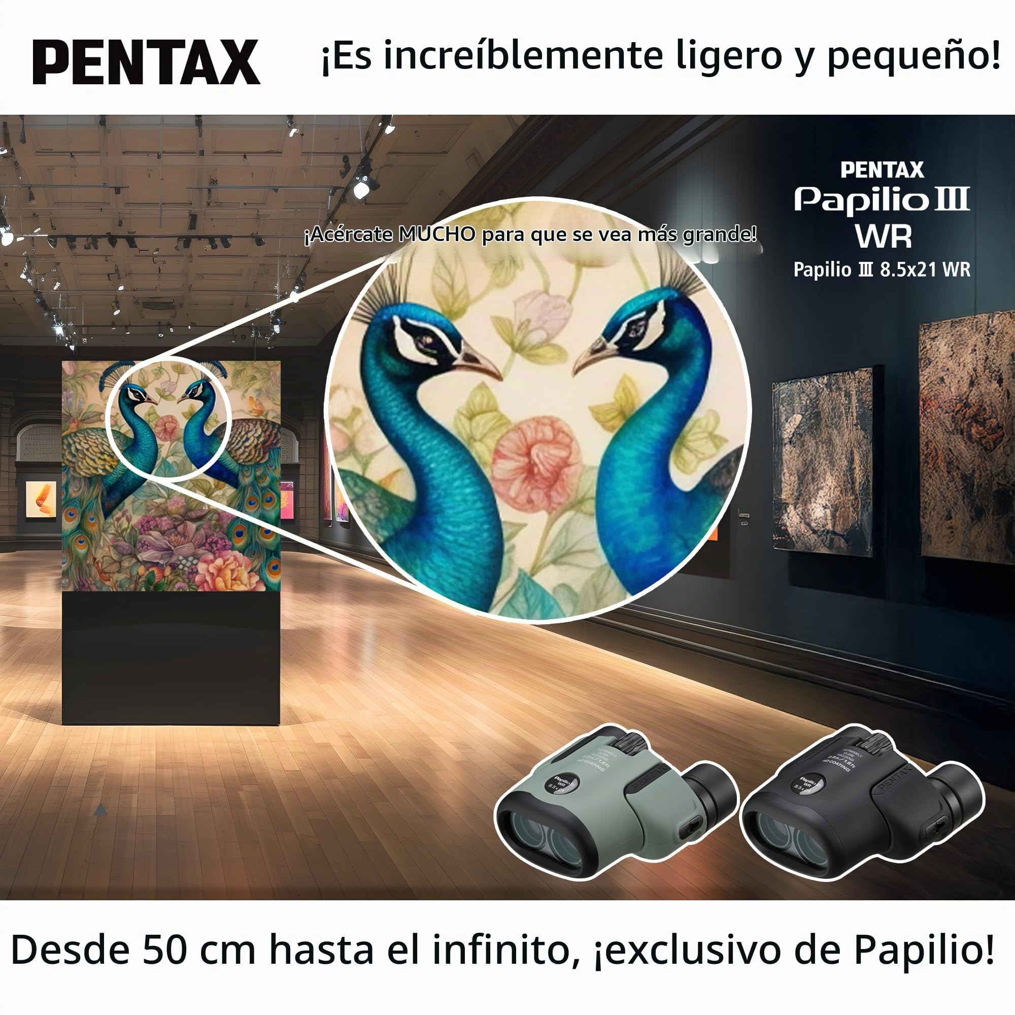 Binoculares Pentax Papilio III, 8.5 x 21 Resistentes a la Intemperie, Negro, Enfoque cercano 50 cm, a Prueba de Salpicaduras, Museo, Exterior, Naturaleza, Deportes en Vivo, Recubrimiento HD